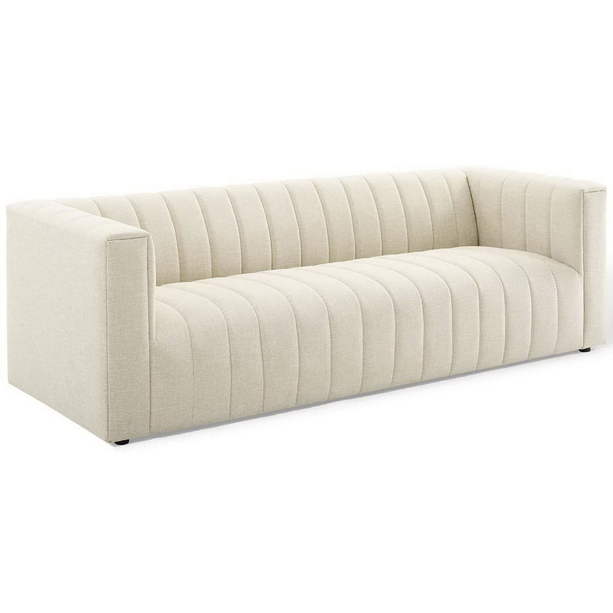 Beige channel tufted sofa with wraparound arms and low profile modern silhouette || EEI-3881-BEI || front_angle_studio