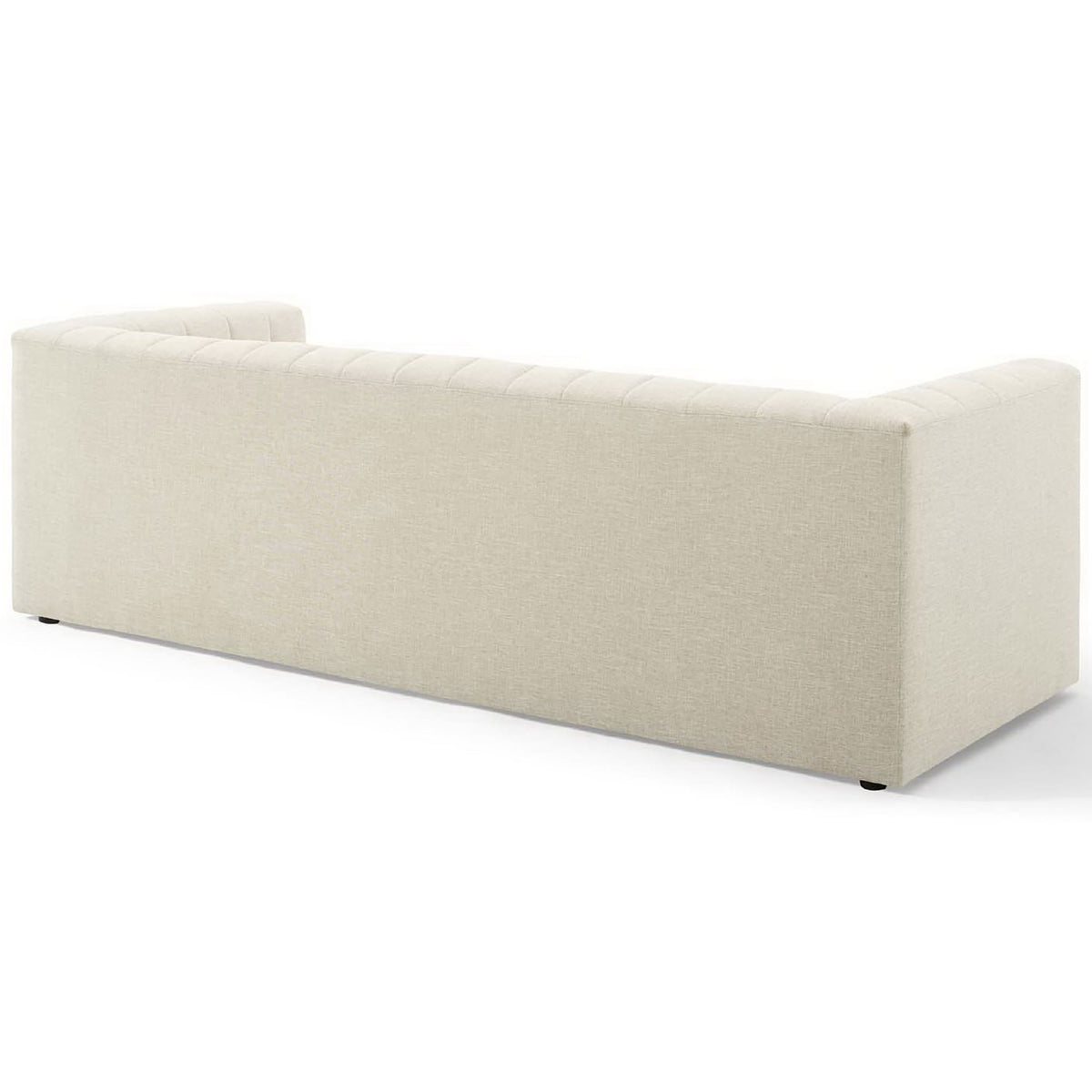 Sleek upholstered back and arms with softly textured beige fabric and subtle channel detailing || EEI-3881-BEI || back_angle_studio