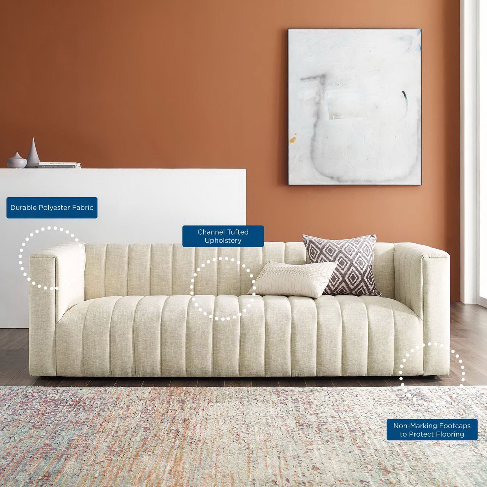 Feature highlights for durable polyester fabric, channel tufted design, and non-marking foot caps || EEI-3881-BEI || callout_room