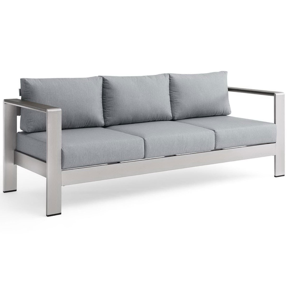 Contemporary patio sofa featuring wide track arms, deep gray cushions, and clean aluminum lines || EEI-3917-SLV-GRY || front_angle_studio