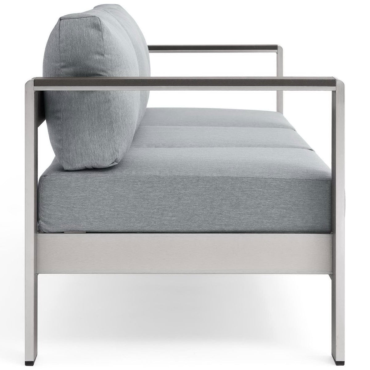 Streamlined side design highlights thick gray cushions and minimalist aluminum legs || EEI-3917-SLV-GRY || side_studio