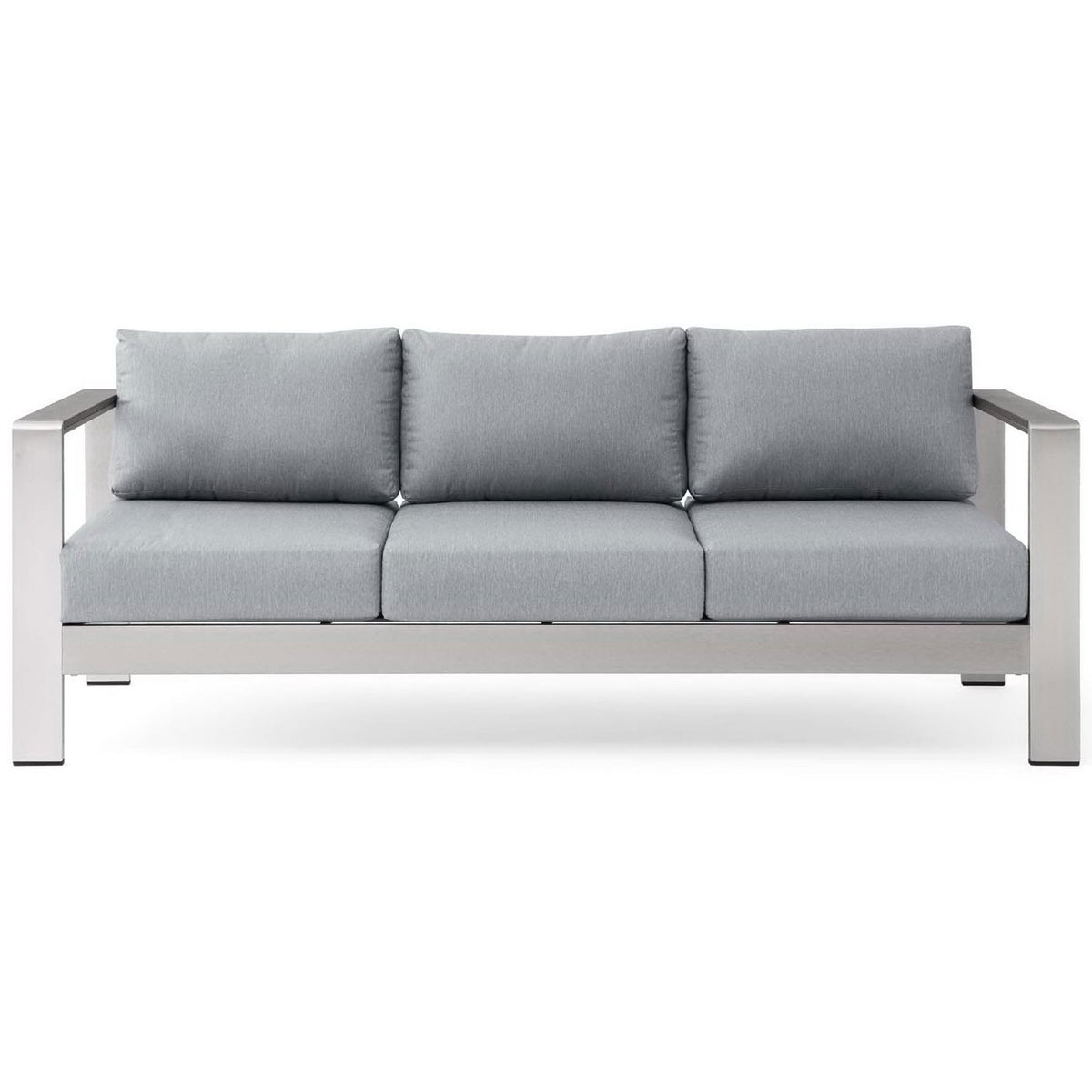 Sleek silver gray outdoor sofa with three plush cushions and a modern brushed aluminum frame || EEI-3917-SLV-GRY || front_studio