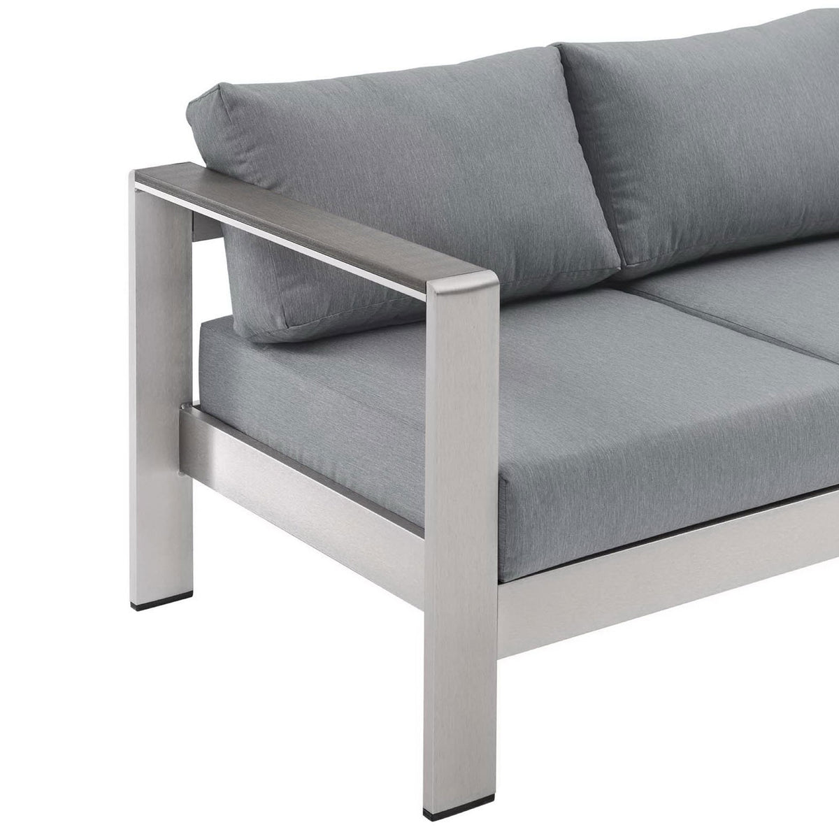 Wide metal armrest pairs with a generously padded gray seat cushion for modern outdoor comfort || EEI-3917-SLV-GRY || detail_studio