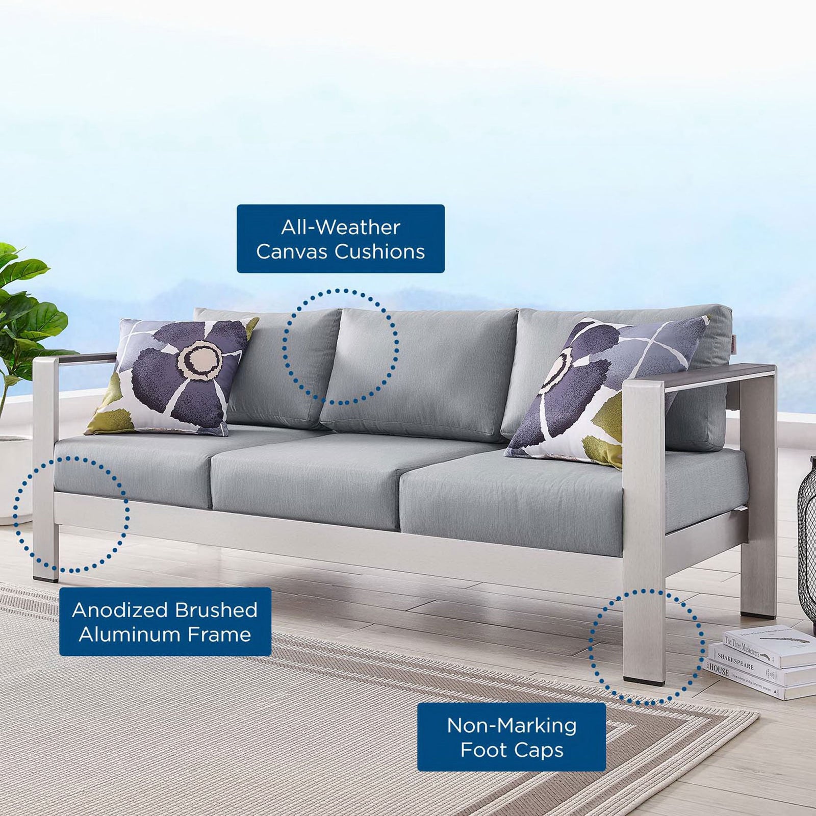Outdoor sofa showcases all-weather canvas cushions, anodized frame, and non-marking foot caps || EEI-3917-SLV-GRY || callout_room