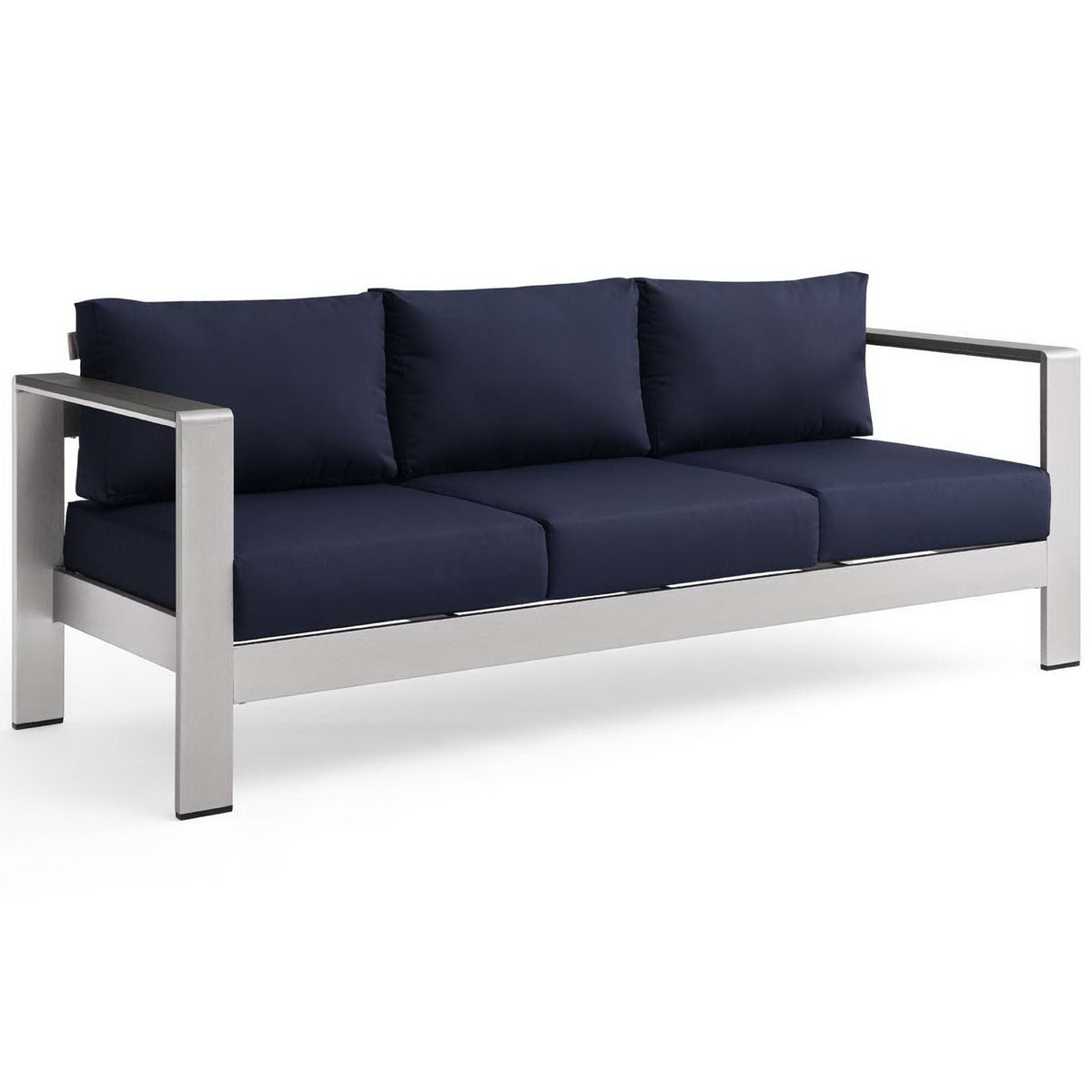 Modern patio sofa features deep navy cushions and wide track arms in brushed aluminum || EEI-3917-SLV-NAV || front_angle_studio