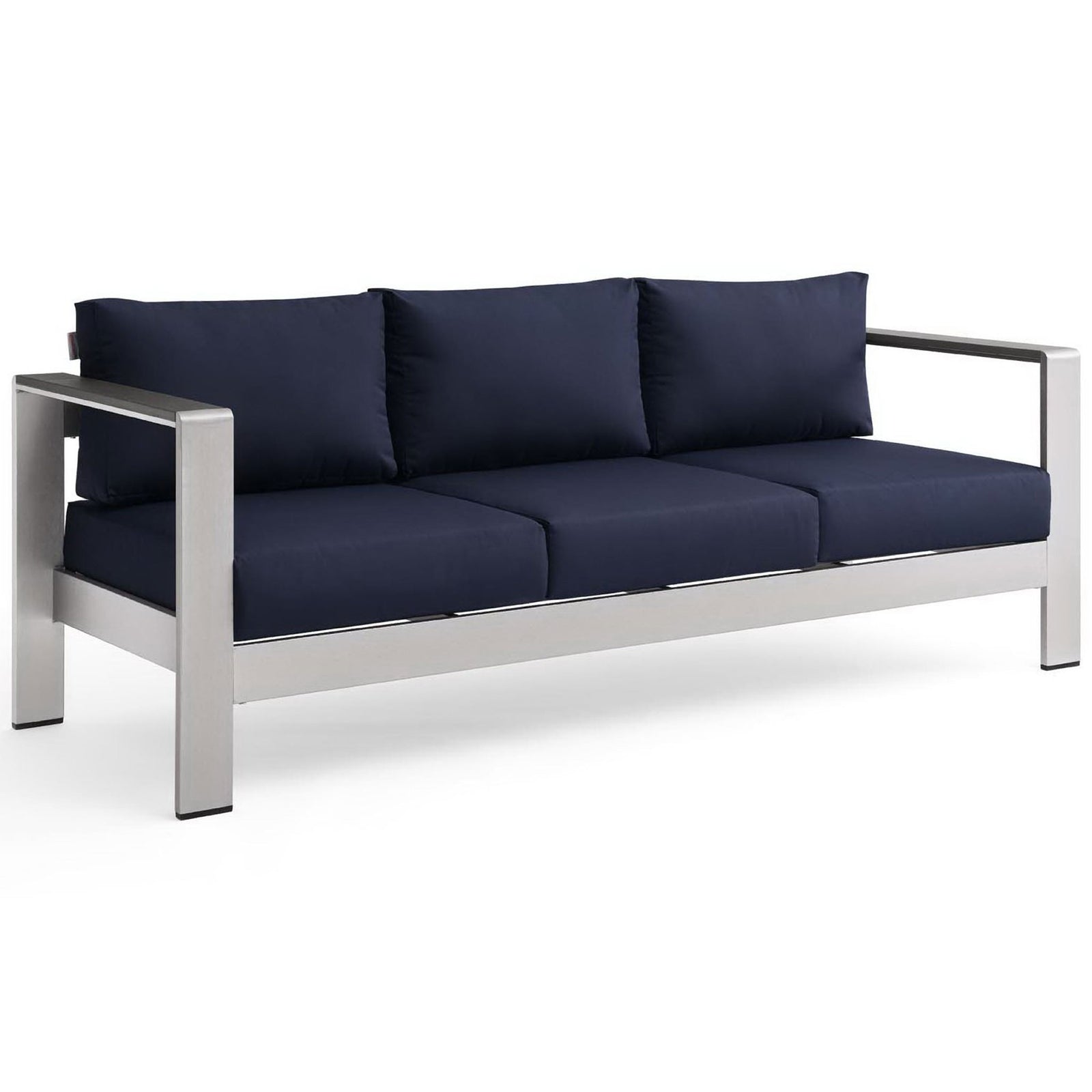Modern patio sofa features deep navy cushions and wide track arms in brushed aluminum || EEI-3917-SLV-NAV || front_angle_studio