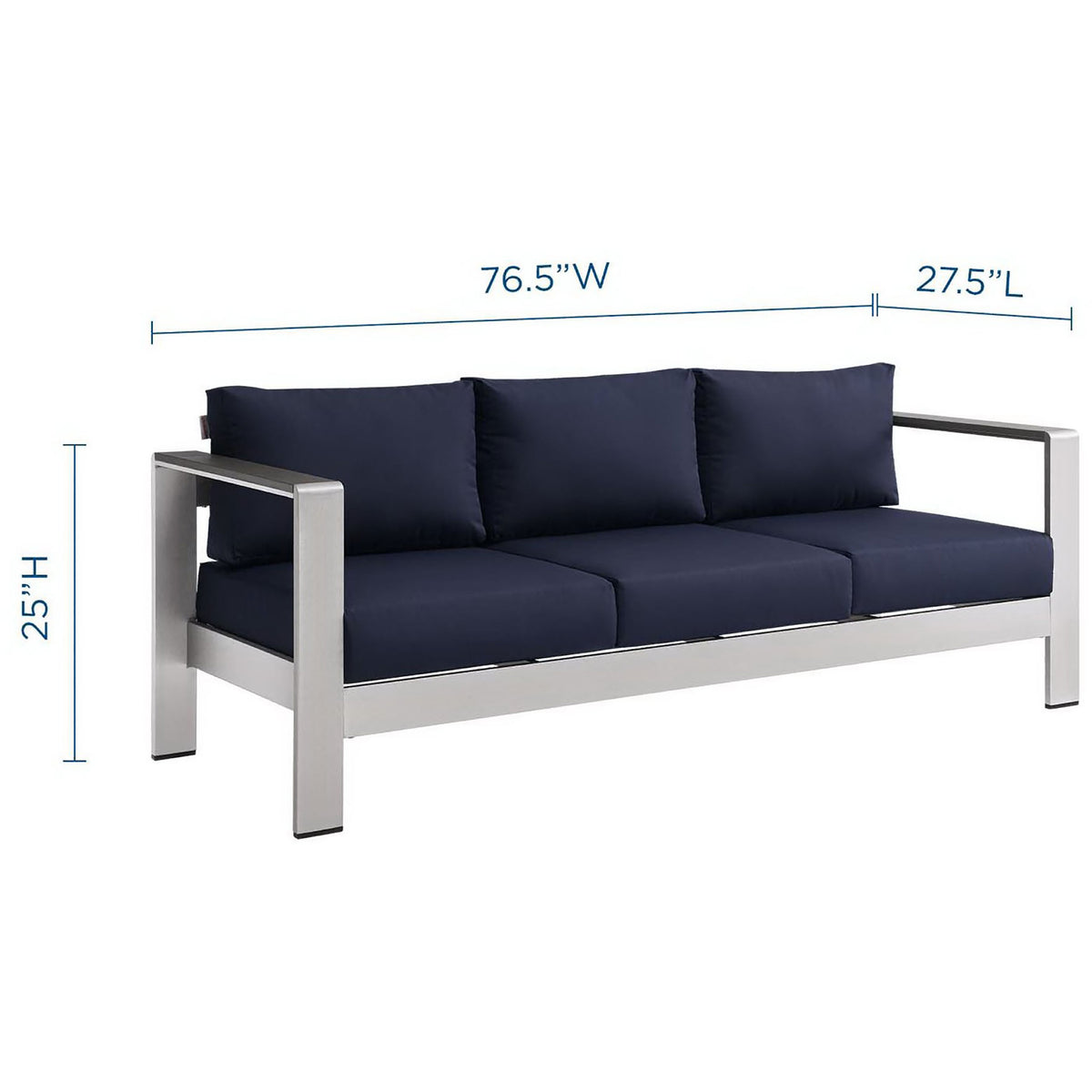 Three-seat Shore sofa offers generous width and depth with supportive navy cushions || EEI-3917-SLV-NAV || dimension_studio