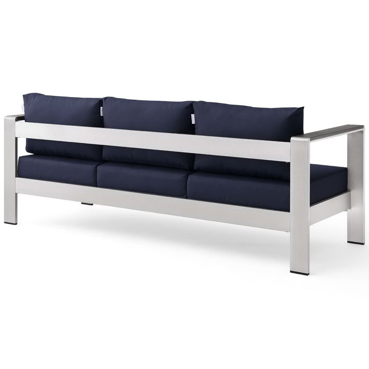 Continuous aluminum back rail supports three tailored navy back cushions for lasting outdoor style || EEI-3917-SLV-NAV || back_angle_studio