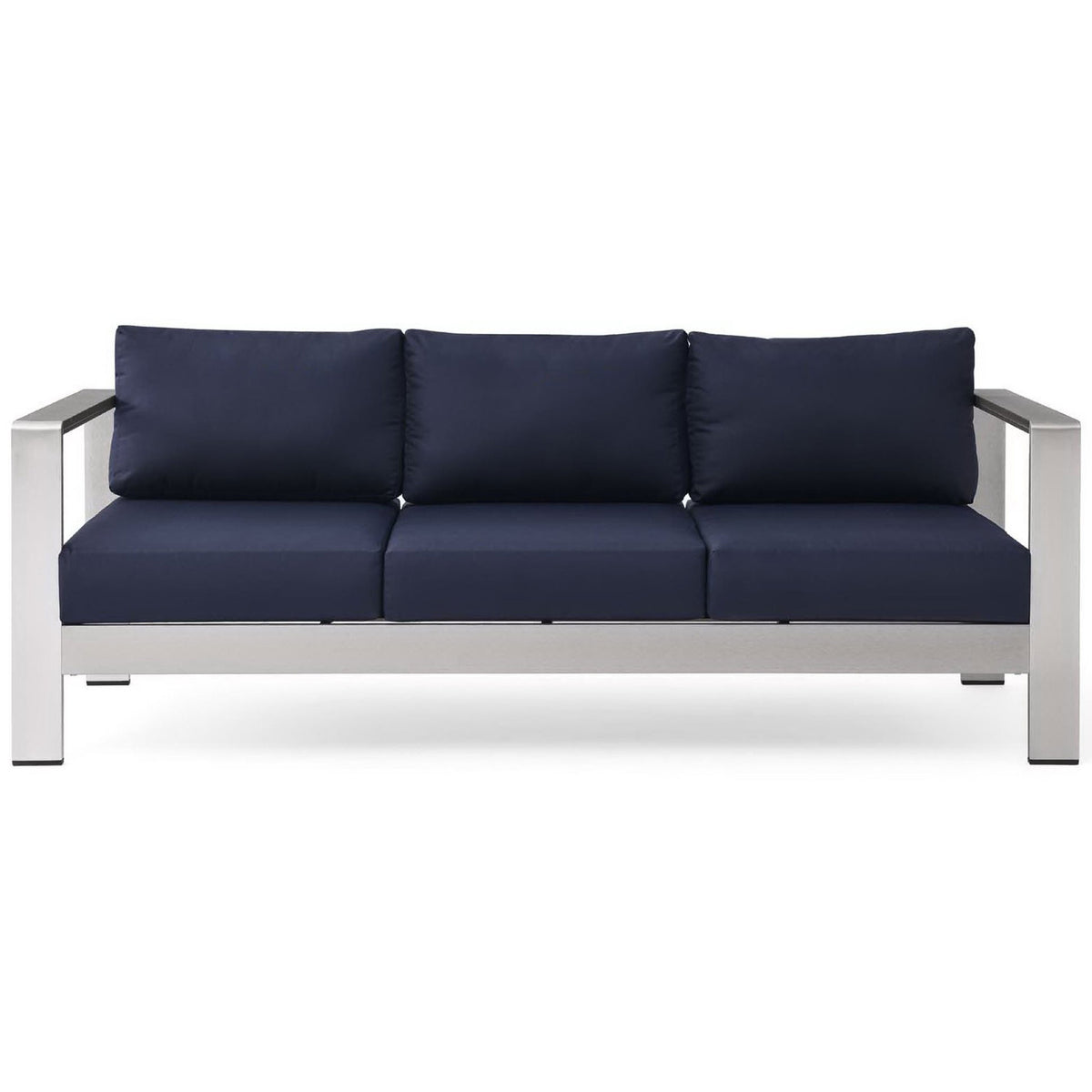 Sleek silver navy outdoor sofa with three plush cushions and a clean-lined aluminum frame || EEI-3917-SLV-NAV || front_studio