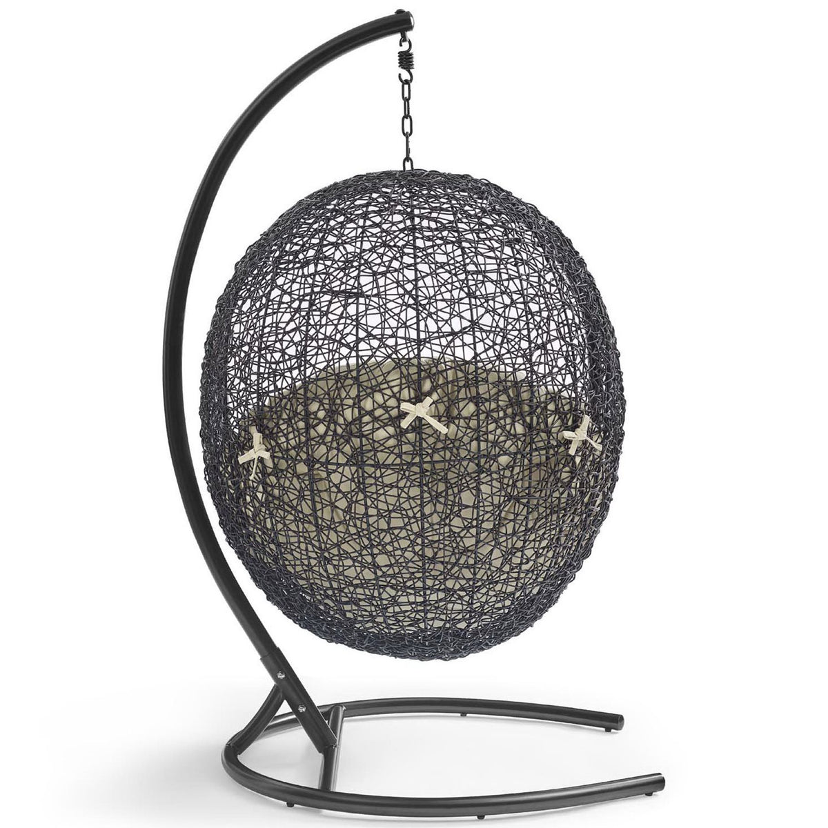 Rear view of woven egg chair highlighting airy espresso rattan shell and rounded hanging frame || EEI-3943-BLK-BEI || back_studio