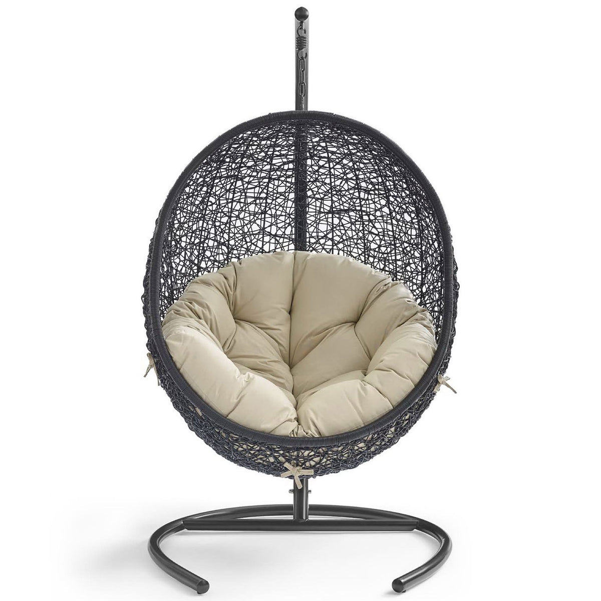Cozy beige Sunbrella cushioned egg chair with espresso stand for relaxing outdoor lounging || EEI-3943-BLK-BEI || front_studio