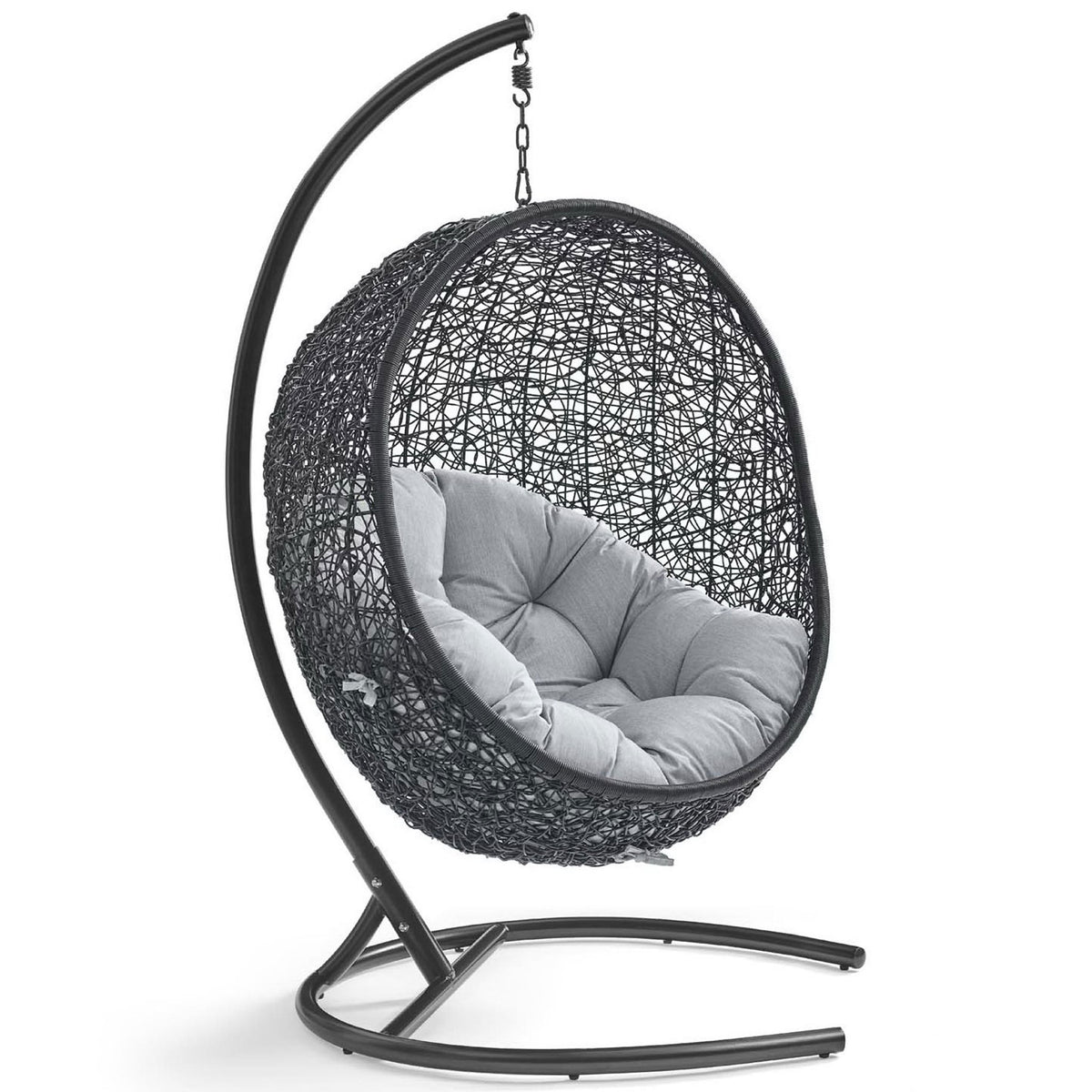 Curved wicker pod chair with plush gray cushion suspended from a sleek espresso steel stand || EEI-3943-BLK-GRY || front_angle_studio