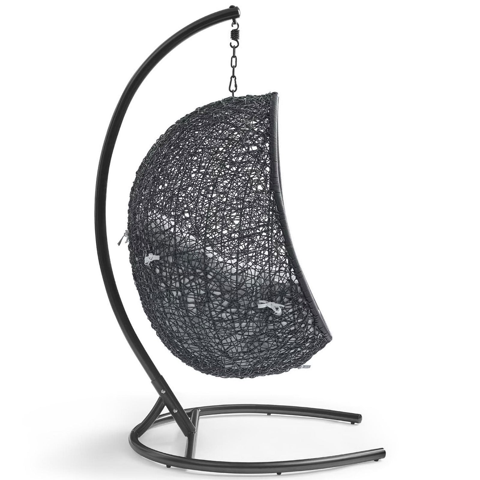 Sculptural side profile of hanging lounge chair with gray cushion cradled in woven rattan || EEI-3943-BLK-GRY || side_studio