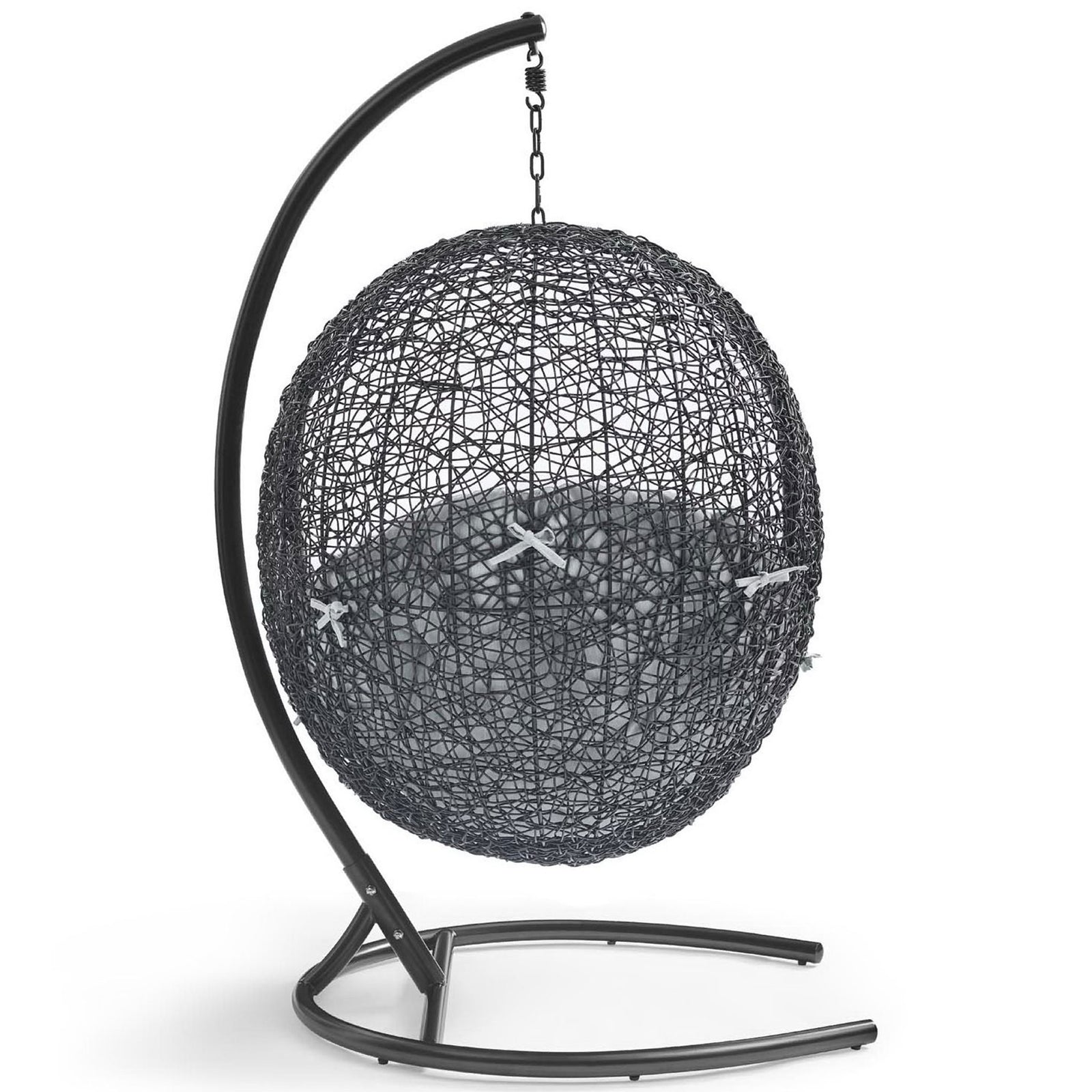 Back view of gray cushion egg chair showing open espresso rattan weave and sturdy base || EEI-3943-BLK-GRY || back_studio