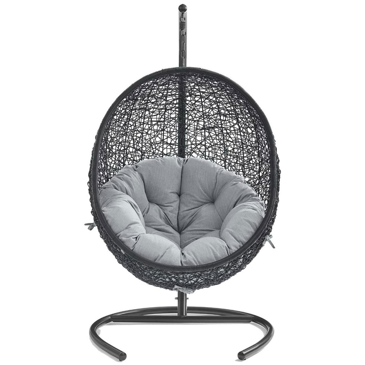 Modern hanging egg chair with gray Sunbrella cushion and espresso stand for outdoor relaxation || EEI-3943-BLK-GRY || front_studio