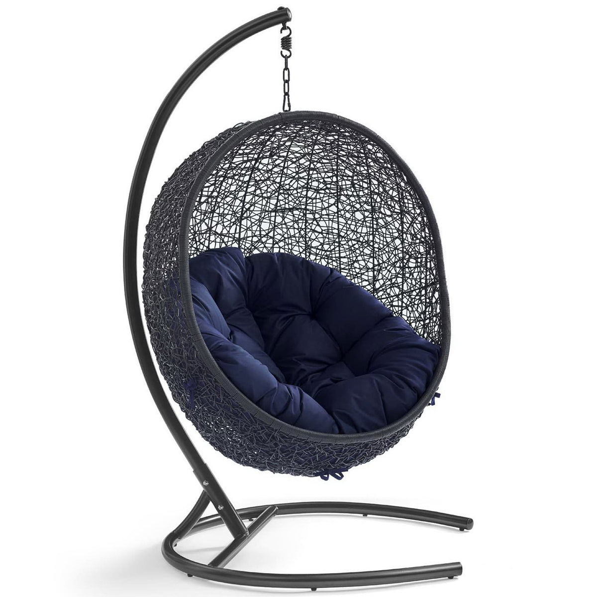 Curved rattan pod chair with deep navy cushion suspended from a sleek espresso steel frame || EEI-3943-BLK-NAV || front_angle_studio