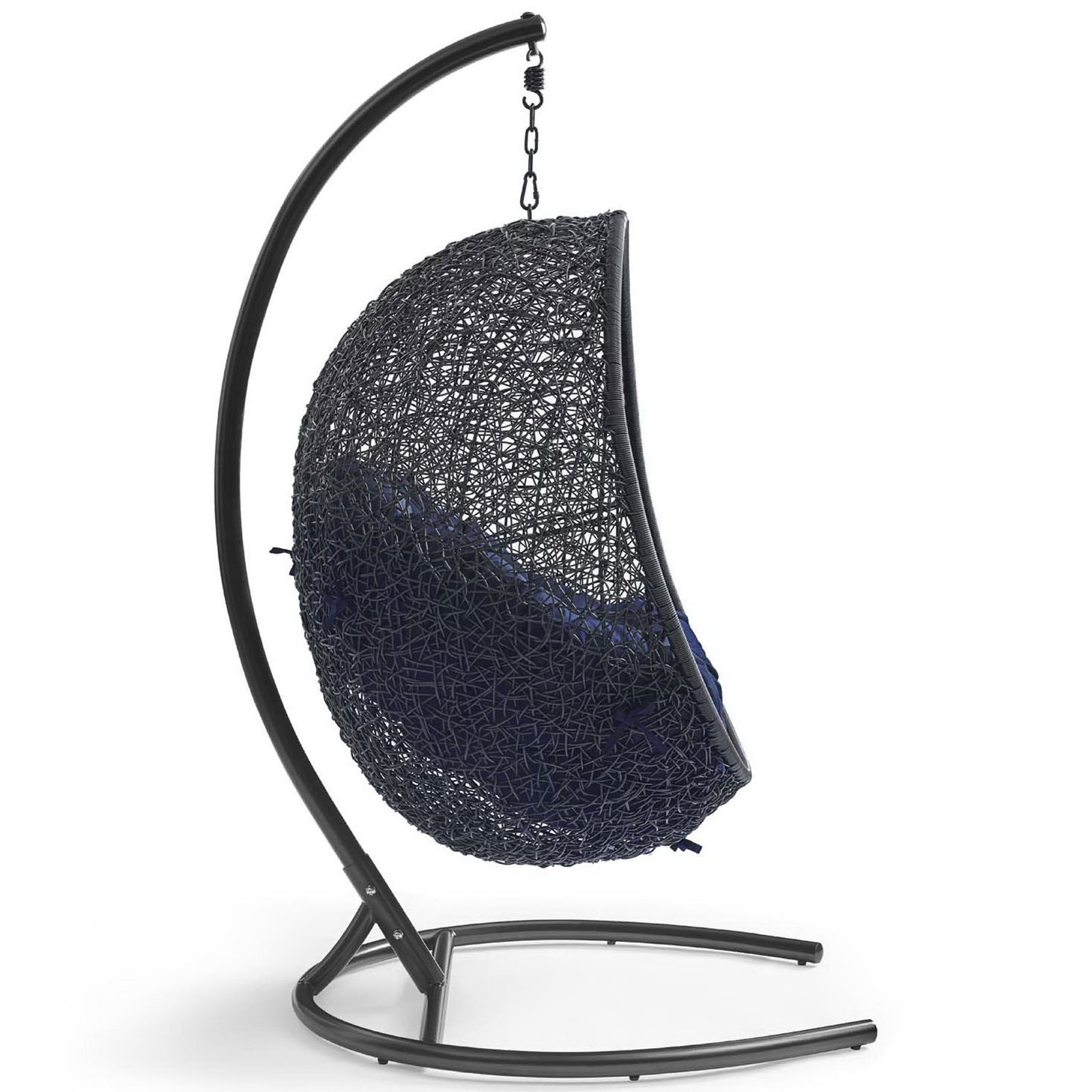 Side profile of hanging lounge chair highlighting navy cushioning and sculptural woven shell || EEI-3943-BLK-NAV || side_studio