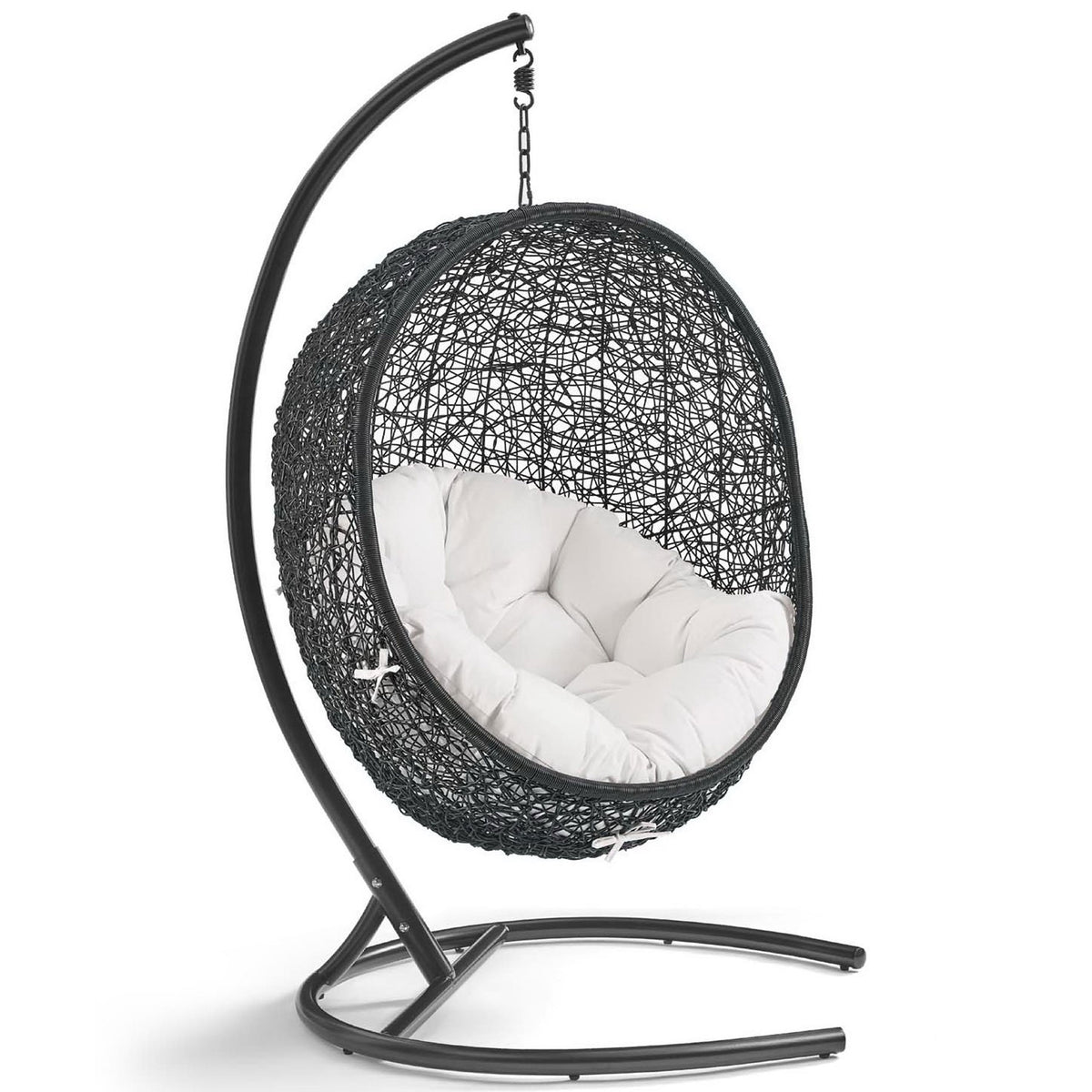 Curved rattan pod chair with plush white cushion suspended from a sleek espresso steel stand || EEI-3943-BLK-WHI || front_angle_studio