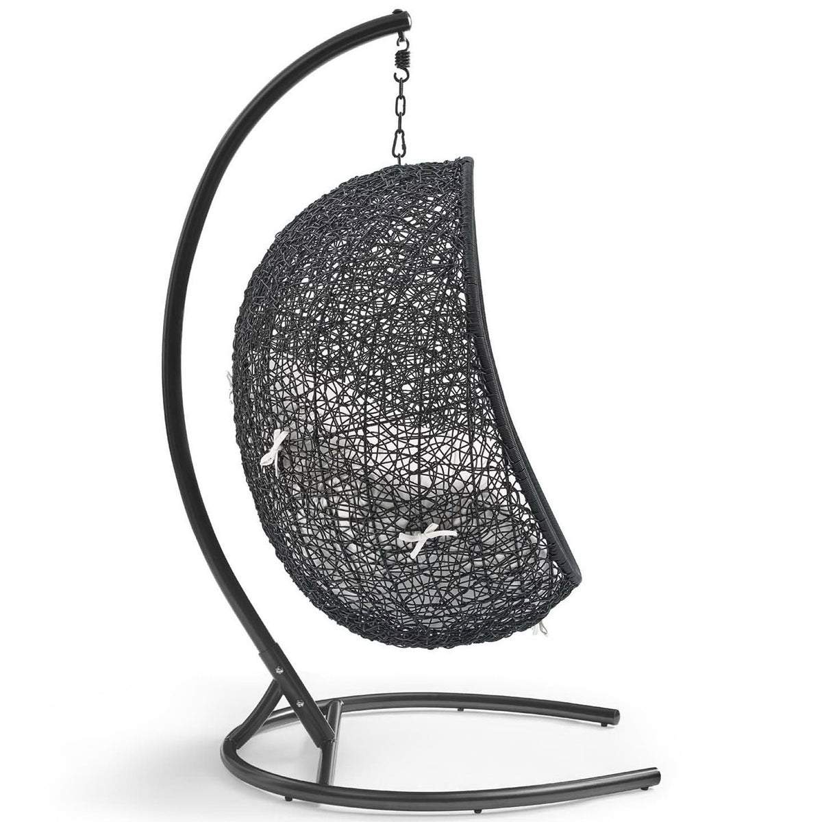 Side profile of hanging lounge chair highlighting white cushioning and sculptural woven shell || EEI-3943-BLK-WHI || side_studio