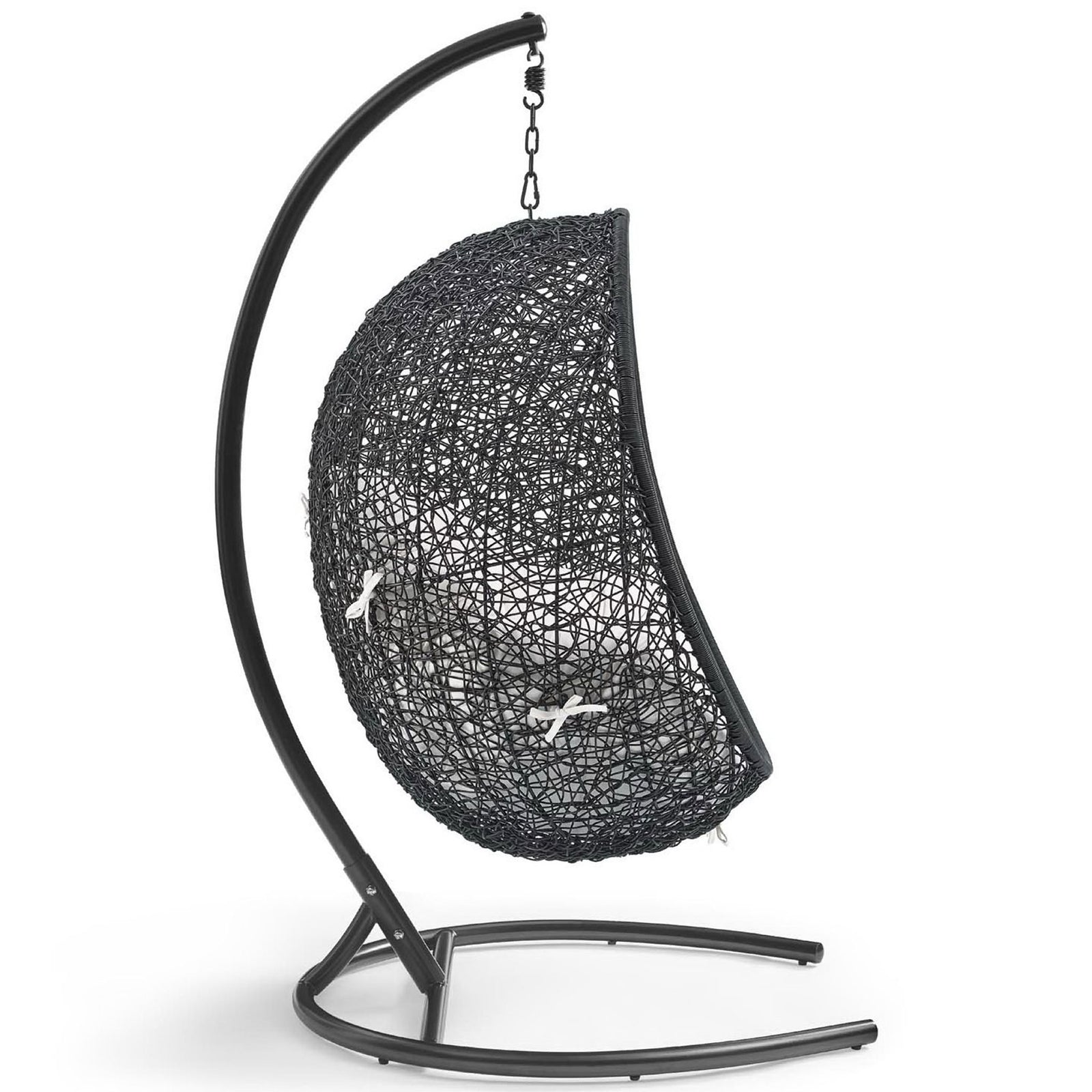 Side profile of hanging lounge chair highlighting white cushioning and sculptural woven shell || EEI-3943-BLK-WHI || side_studio