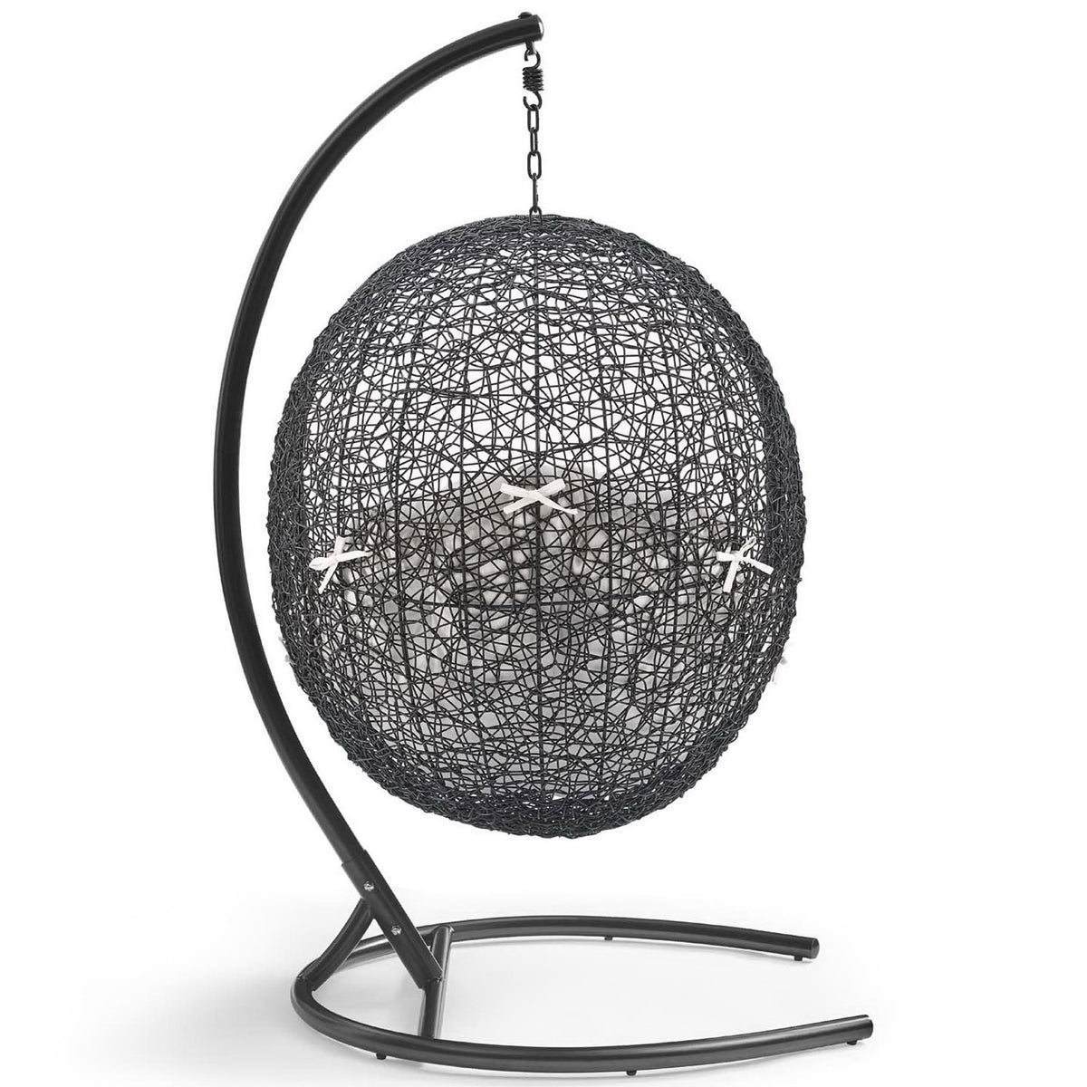 Back view of white cushion egg chair with airy espresso rattan weave and stable base || EEI-3943-BLK-WHI || back_studio