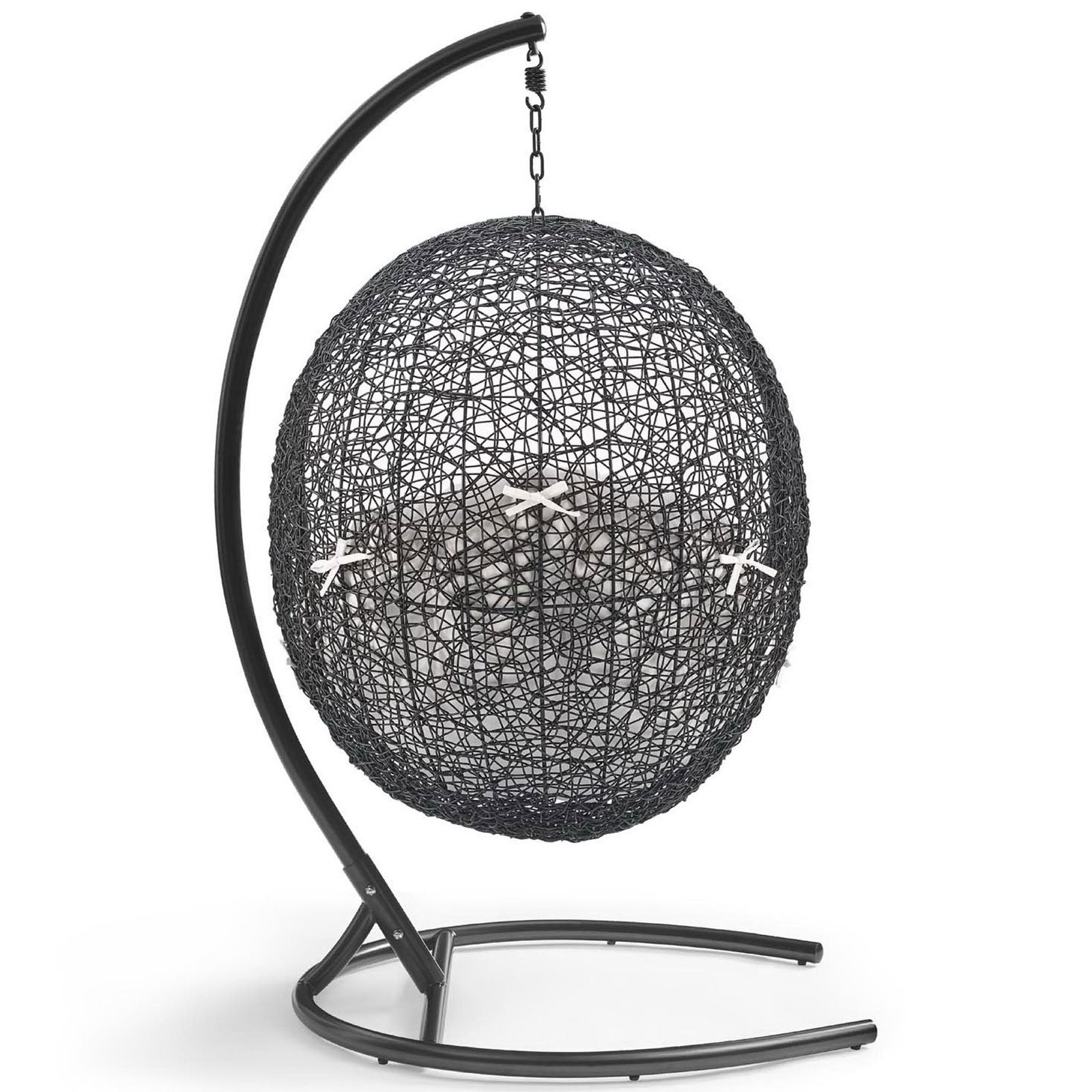 Back view of white cushion egg chair with airy espresso rattan weave and stable base || EEI-3943-BLK-WHI || back_studio