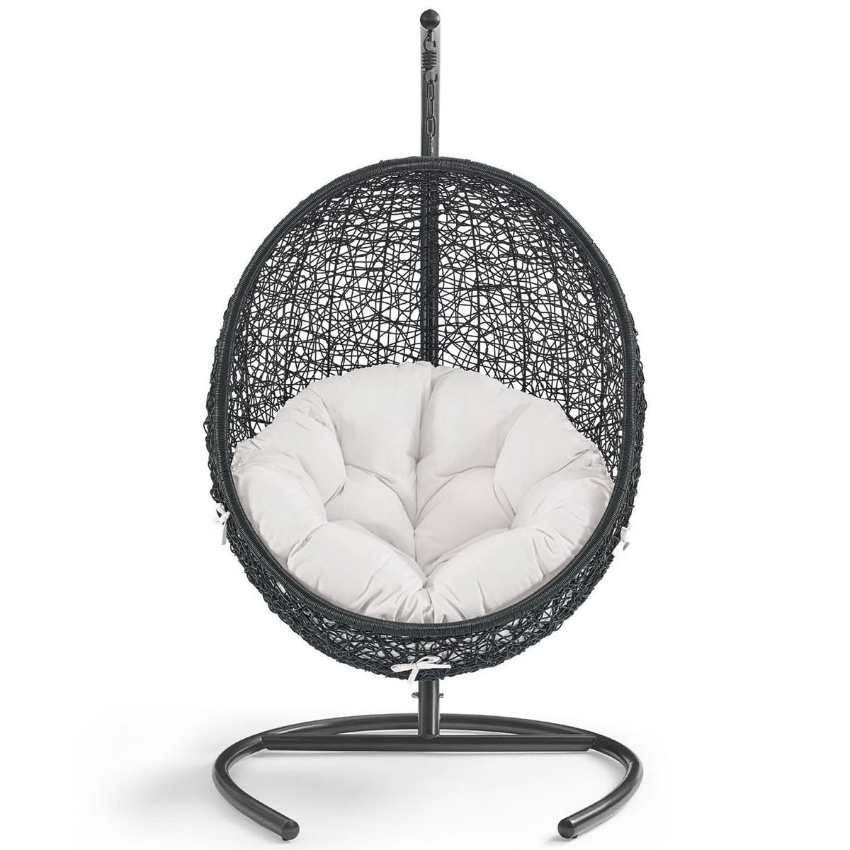 Elegant hanging egg chair with white Sunbrella cushion and espresso stand for outdoor lounging || EEI-3943-BLK-WHI || front_studio