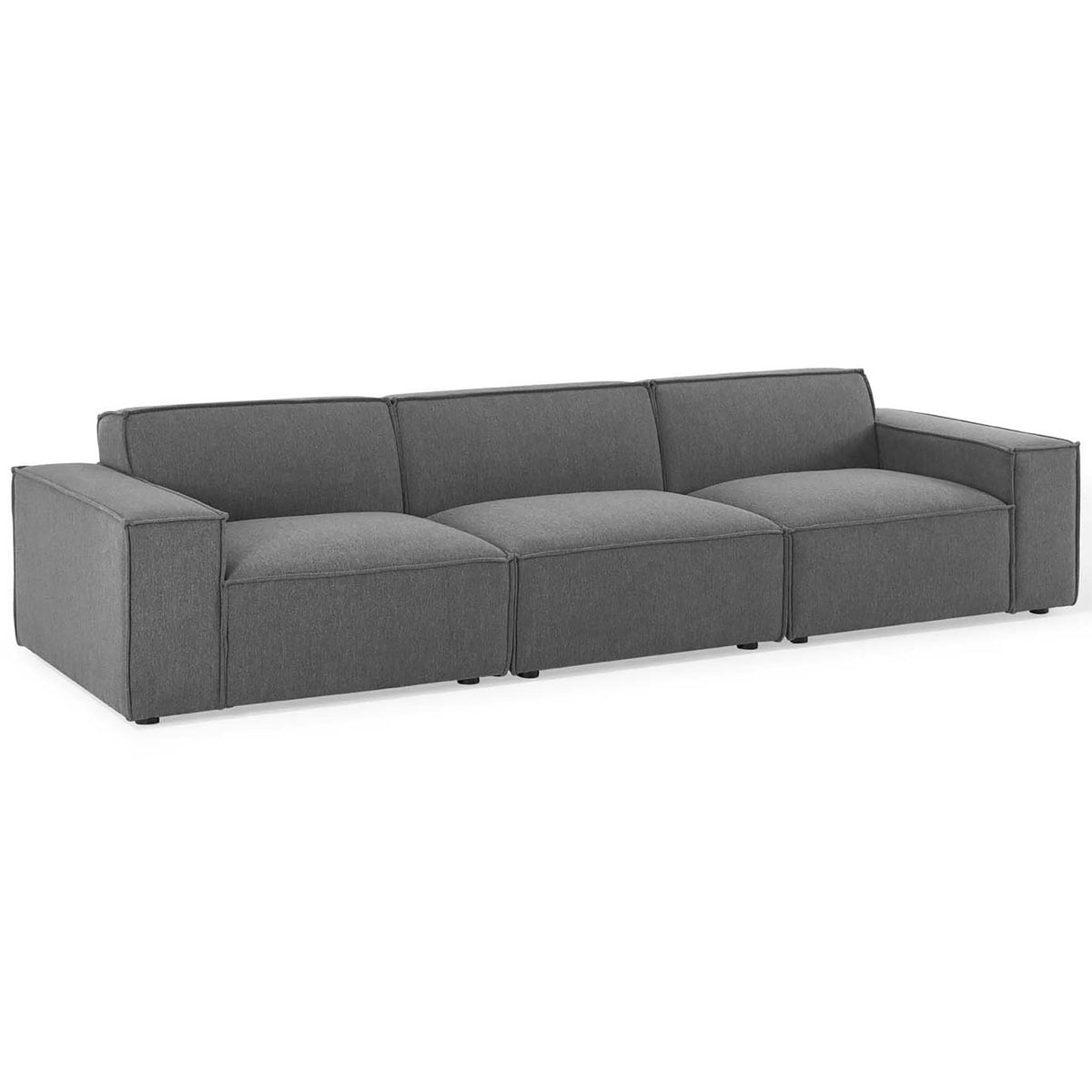 Charcoal three-piece modular sectional sofa with deep seats and wide track arms for relaxed lounging || EEI-4112-CHA || front_angle_studio