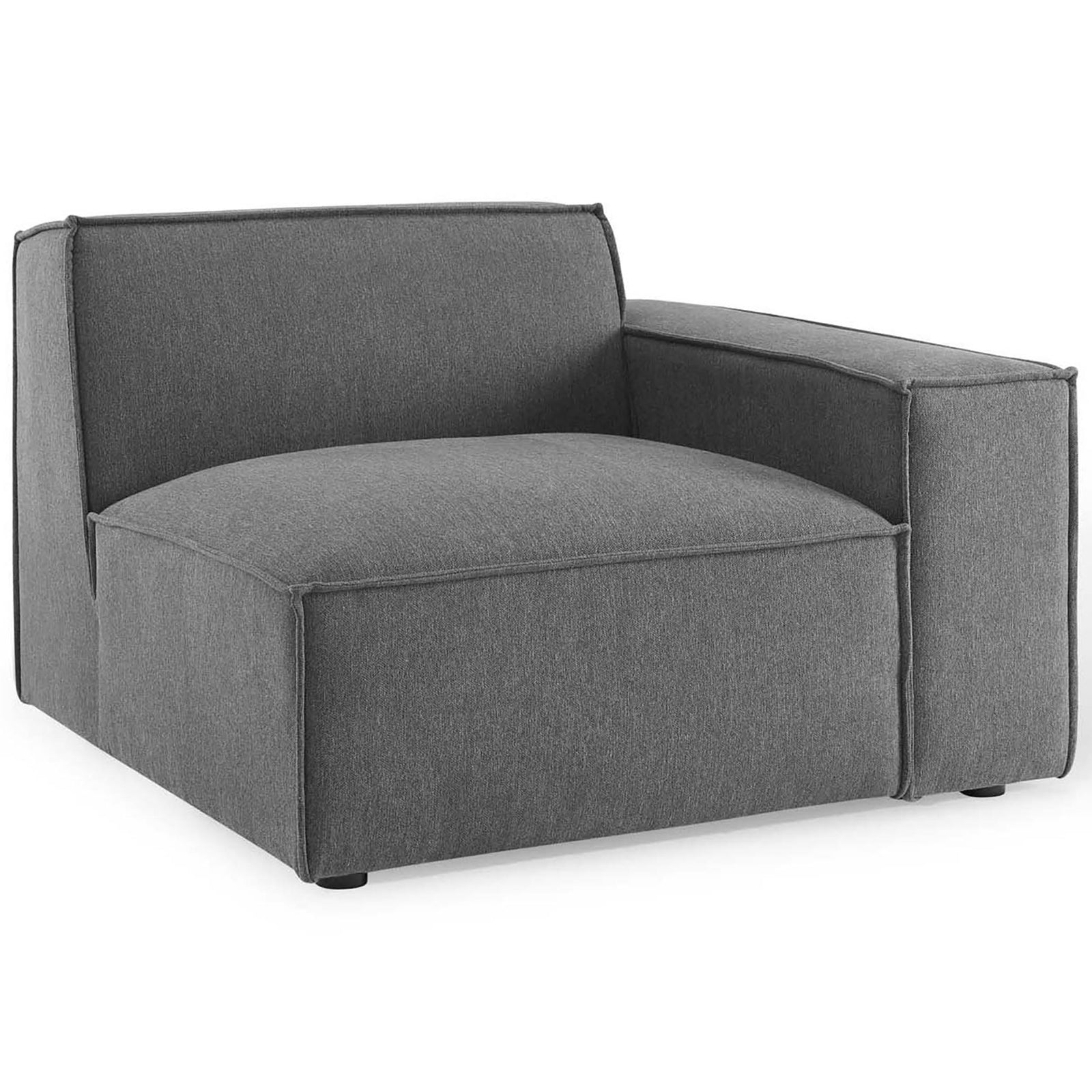 Charcoal left-arm modular sofa chair with deep plush cushioning and tailored seams || EEI-4112-CHA || front_angle_partial_studio