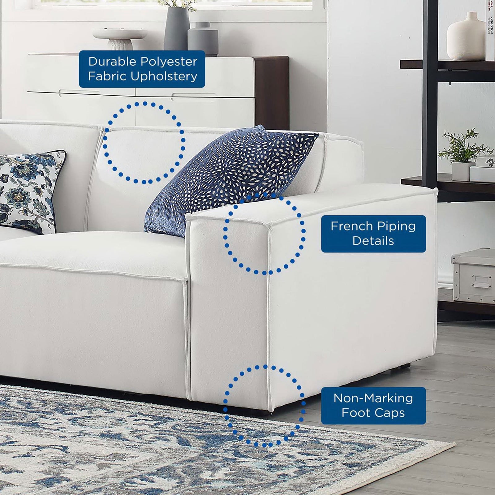 White sectional sofa styled in a living room with feature labels for fabric, piping, and foot caps. || EEI-4112-WHI || callout_room
