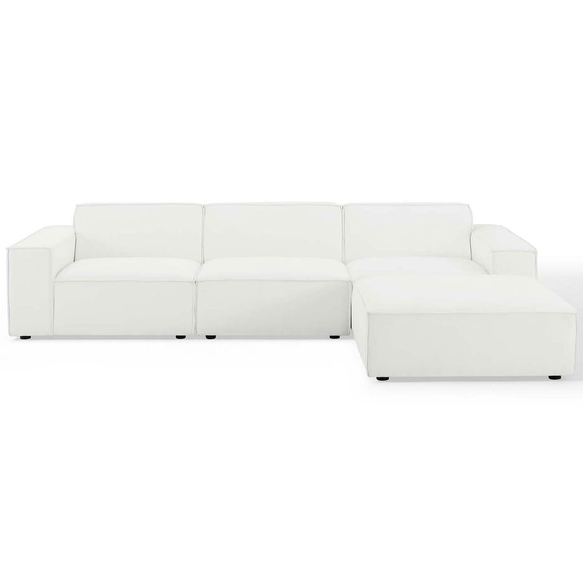 White 4-piece modular sectional sofa with right chaise and low, blocky arms || EEI-4113-WHI || front_studio