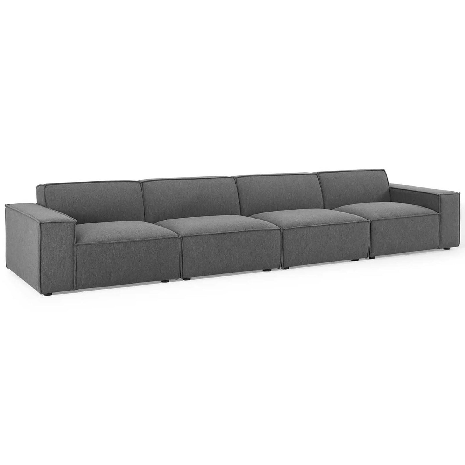 Charcoal modular sectional sofa showing long, streamlined profile and tailored French piping details || EEI-4114-CHA || front_angle_studio