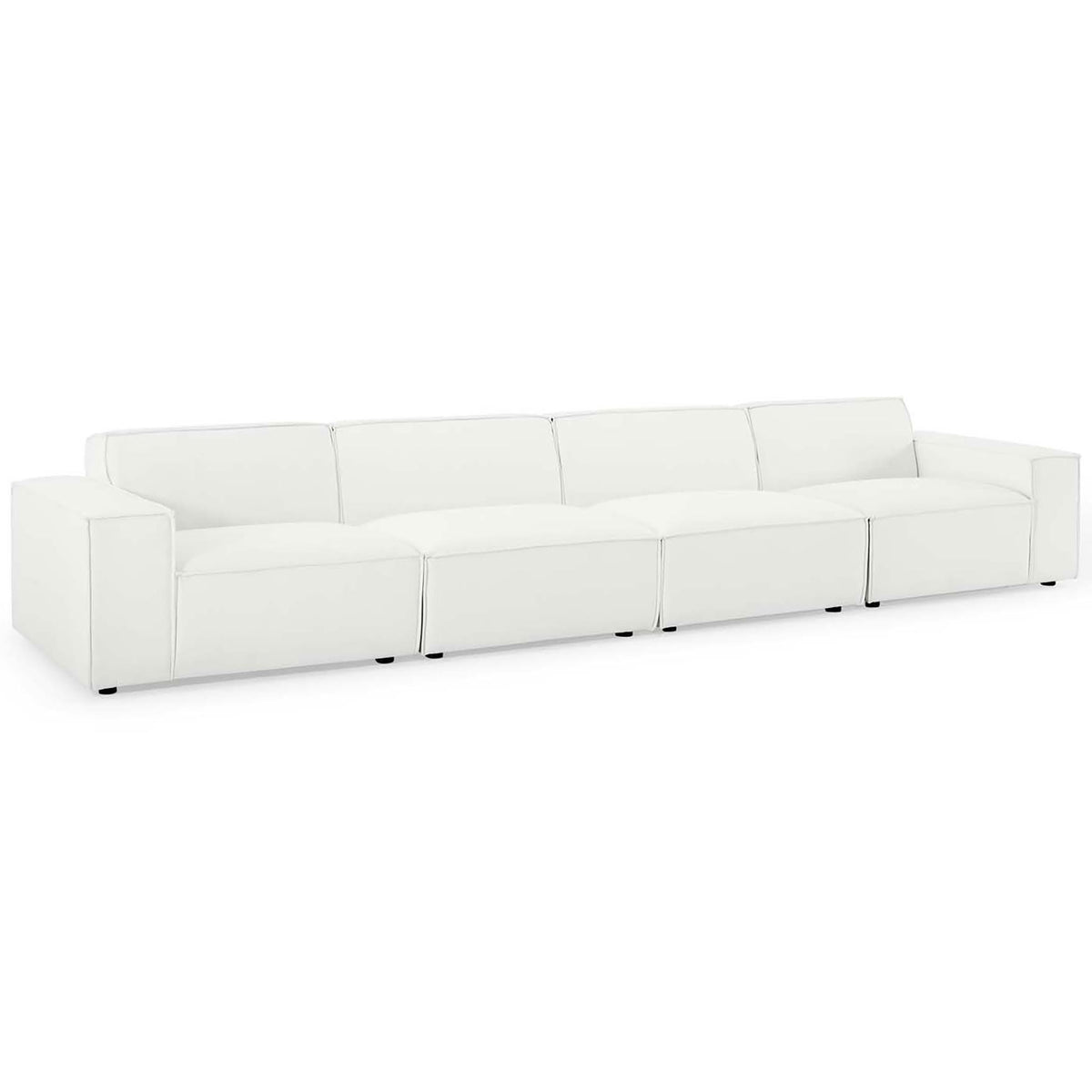 White four piece modular sectional sofa highlighting clean lines and tailored French piping details. || EEI-4114-WHI || front_angle_studio