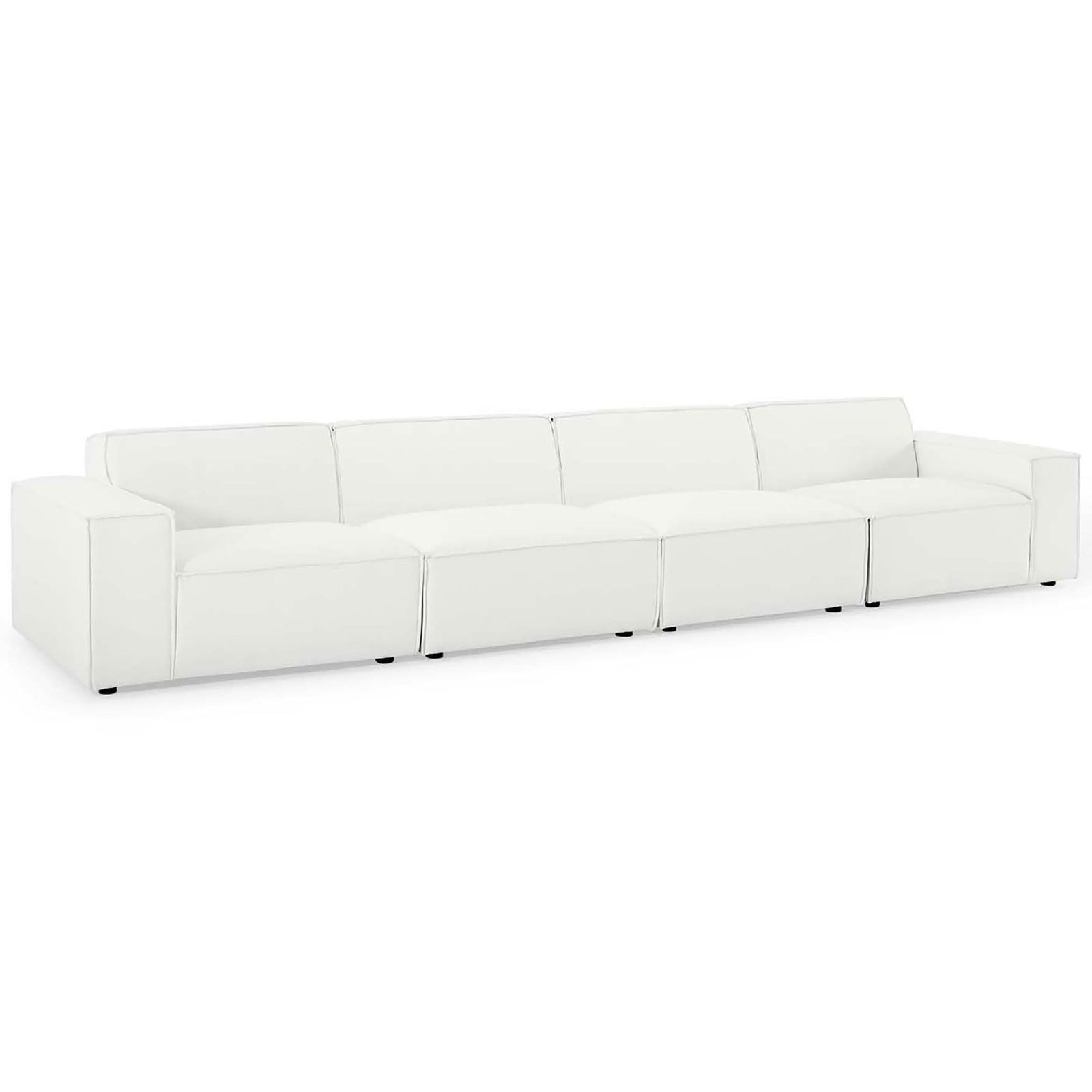 White four piece modular sectional sofa highlighting clean lines and tailored French piping details. || EEI-4114-WHI || front_angle_studio