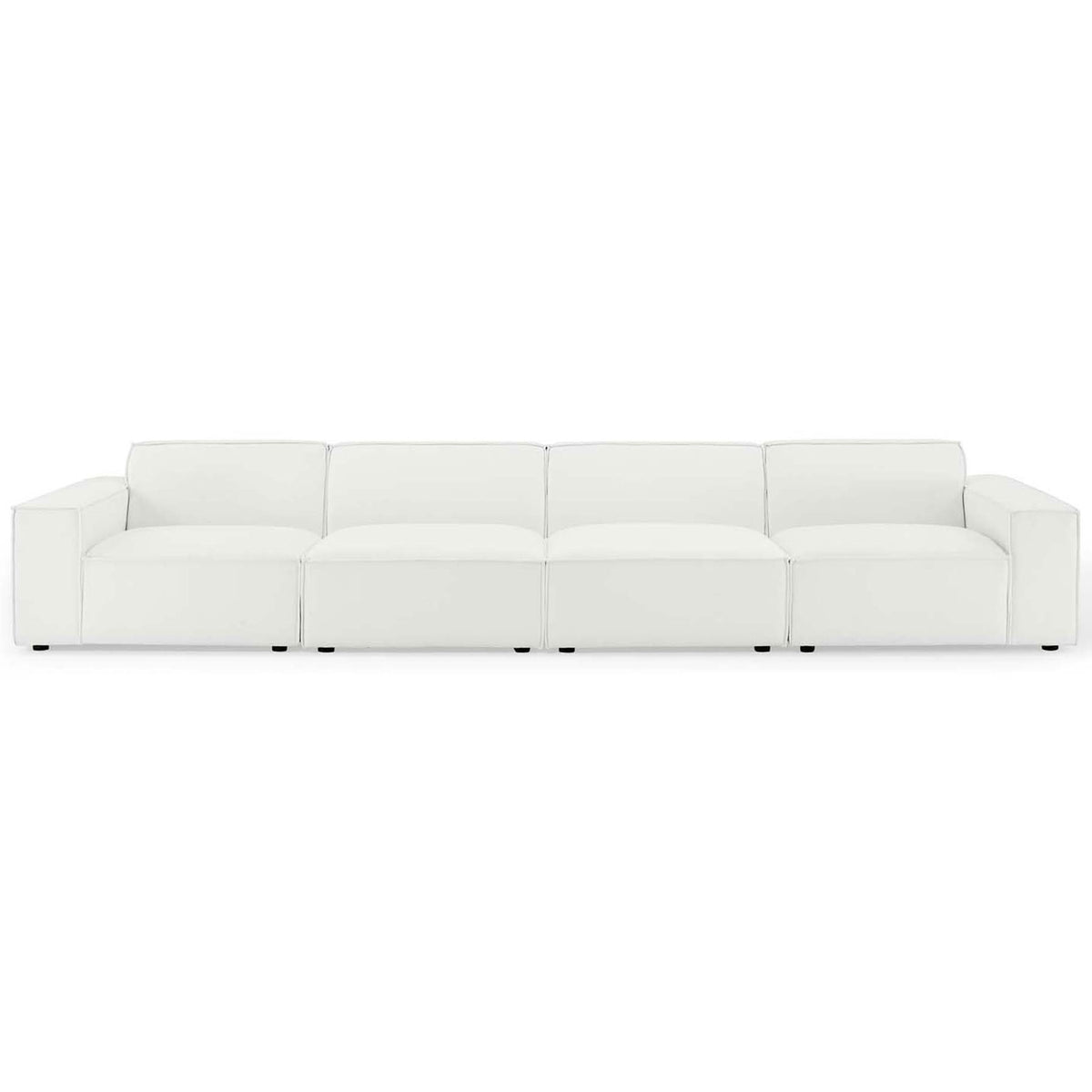 Extra-long white modular sectional sofa with low profile back and plush cushions for expansive seating. || EEI-4114-WHI || front_studio