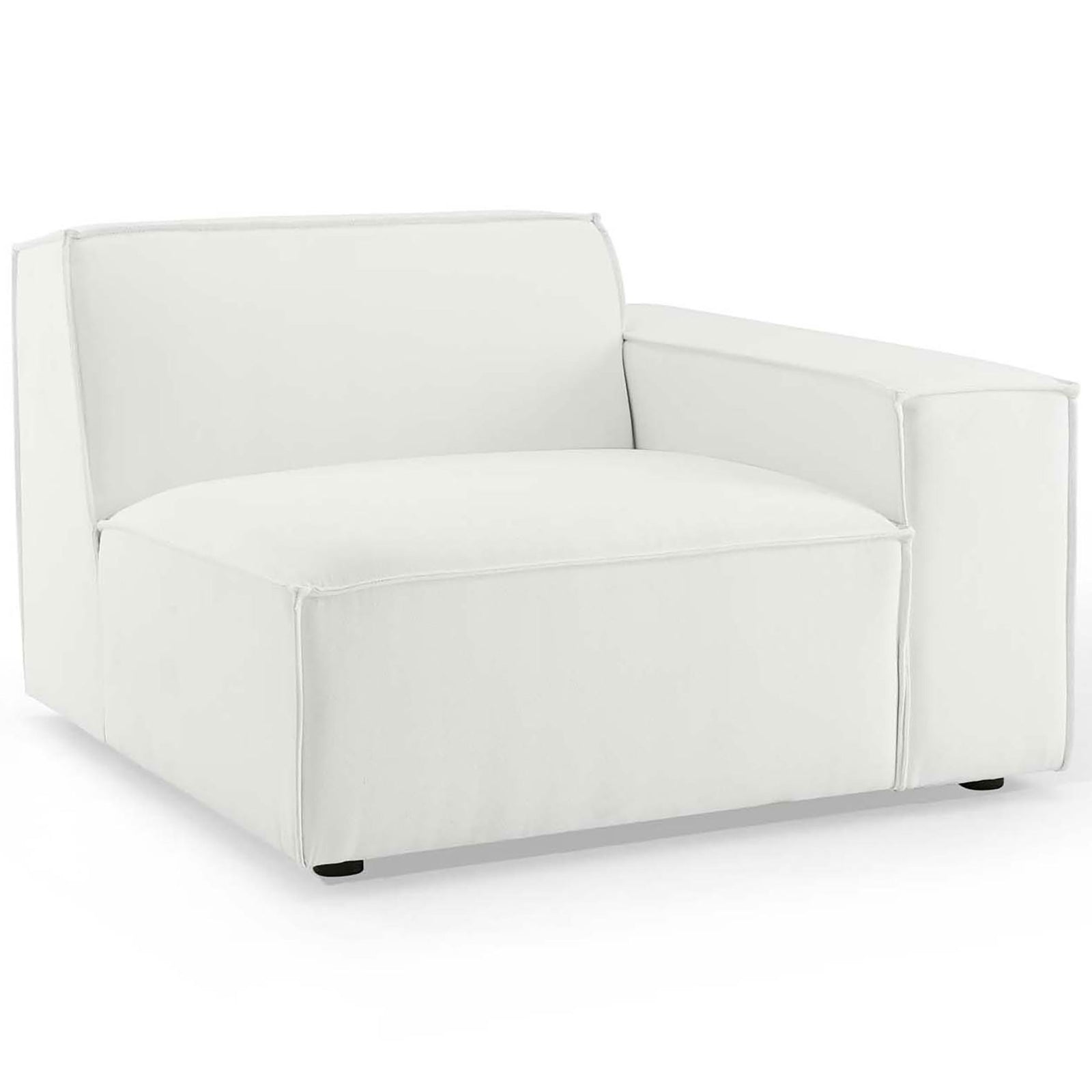 White modular sectional chair with wide armrest and deep cushioned seat for relaxed lounging. || EEI-4114-WHI || front_angle_partial_studio