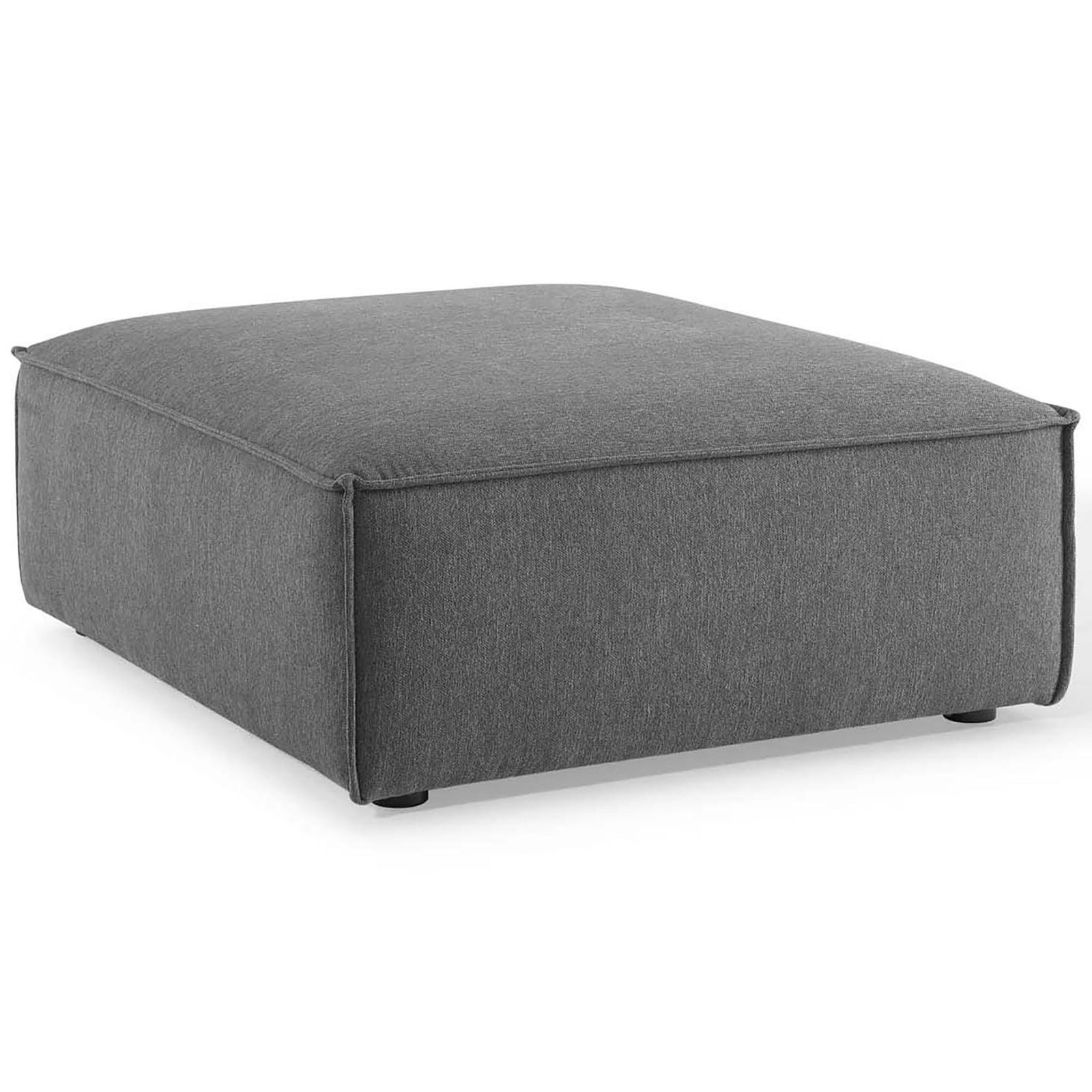 Charcoal upholstered ottoman with generous cushion and clean, minimalist silhouette || EEI-4115-CHA || front_angle_partial_studio