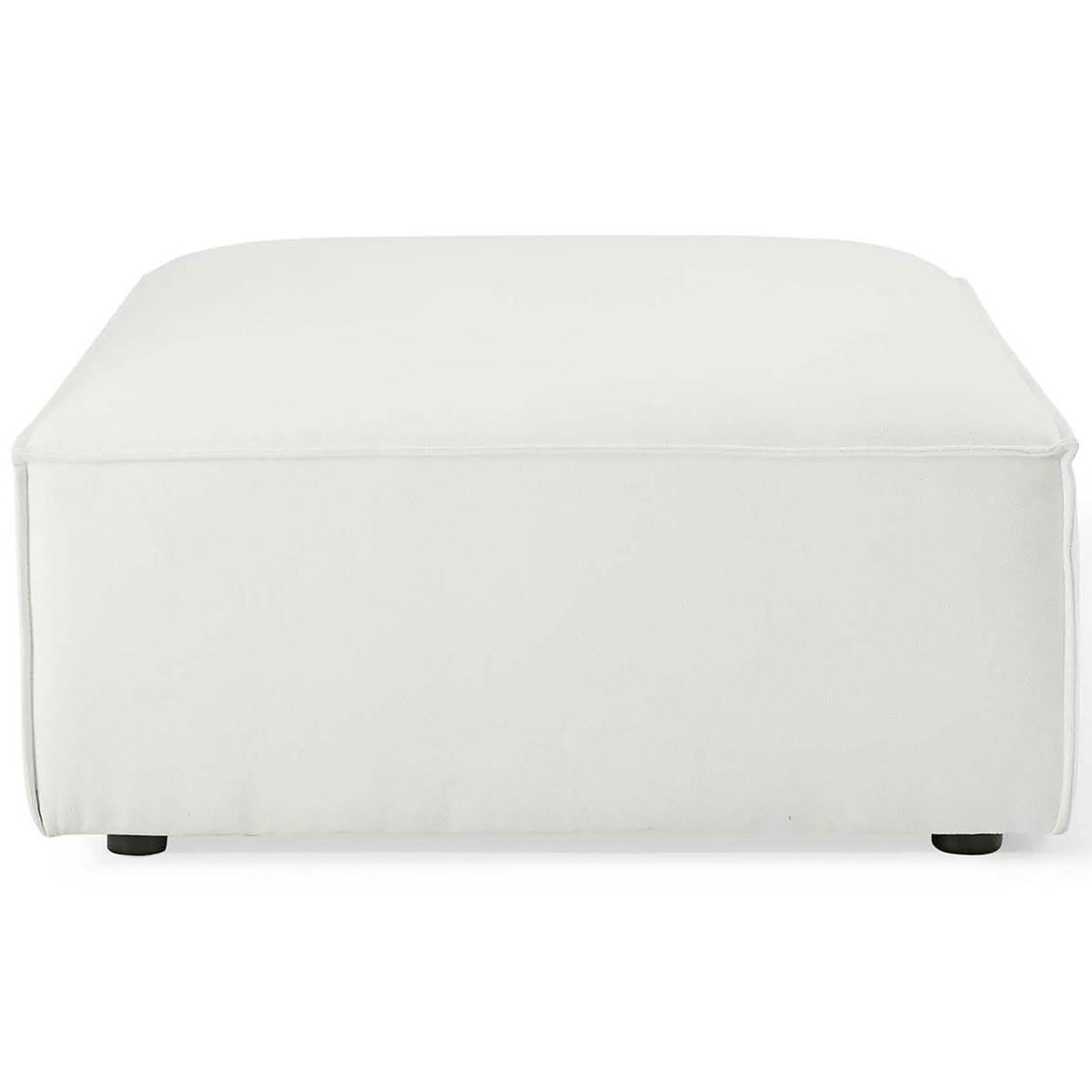 Low-profile white ottoman with smooth upholstered sides and subtle piping detail || EEI-4115-WHI || front_partial_studio