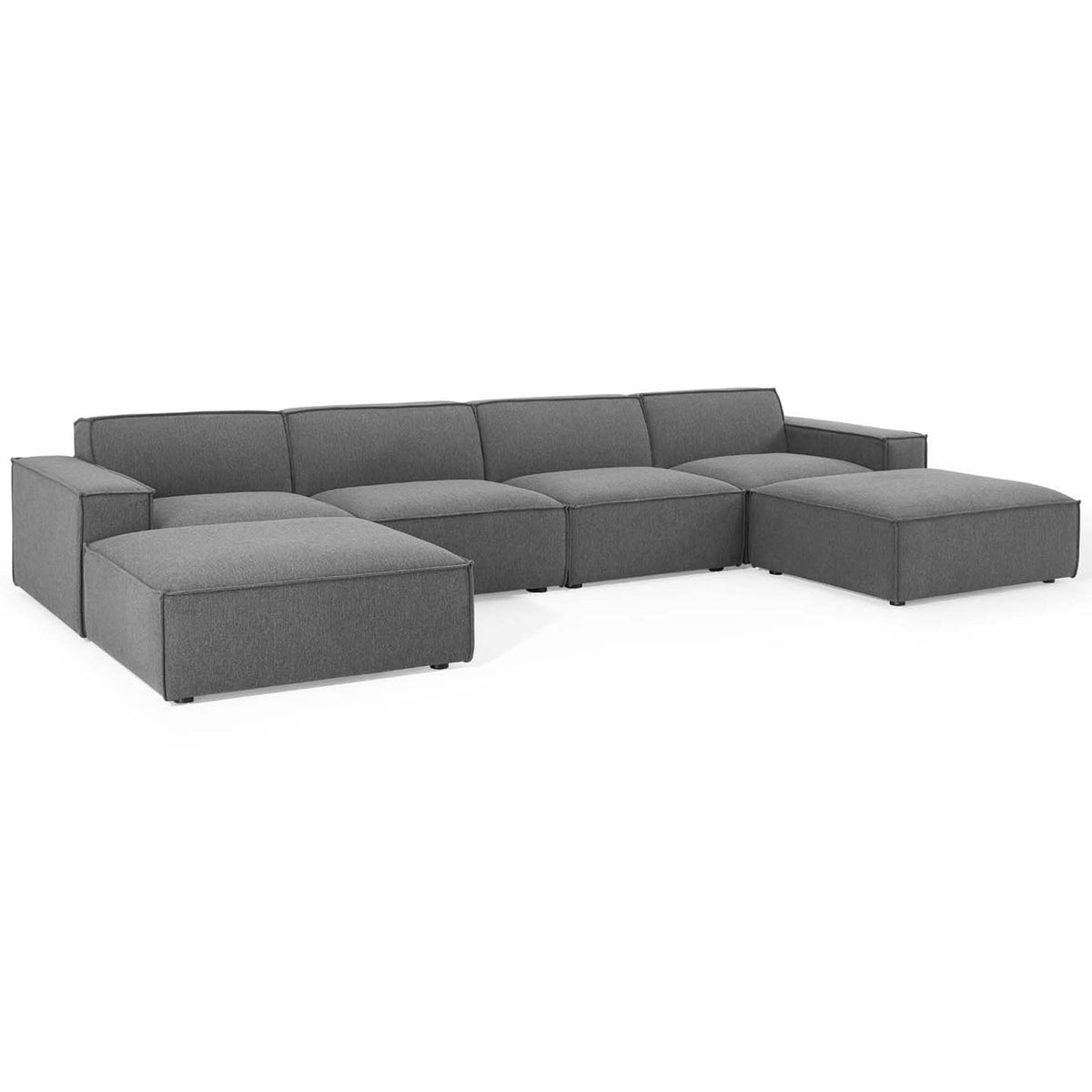 Charcoal gray six-piece modular sectional sofa with deep seats and broad, low-profile back cushions. || EEI-4116-CHA || front_angle_studio