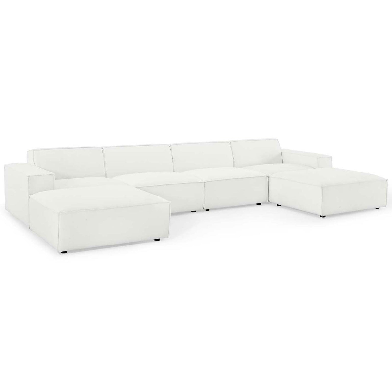 Spacious white Restore modular sectional with low-profile cushions and dual ottoman-style extensions || EEI-4116-WHI || front_angle_studio