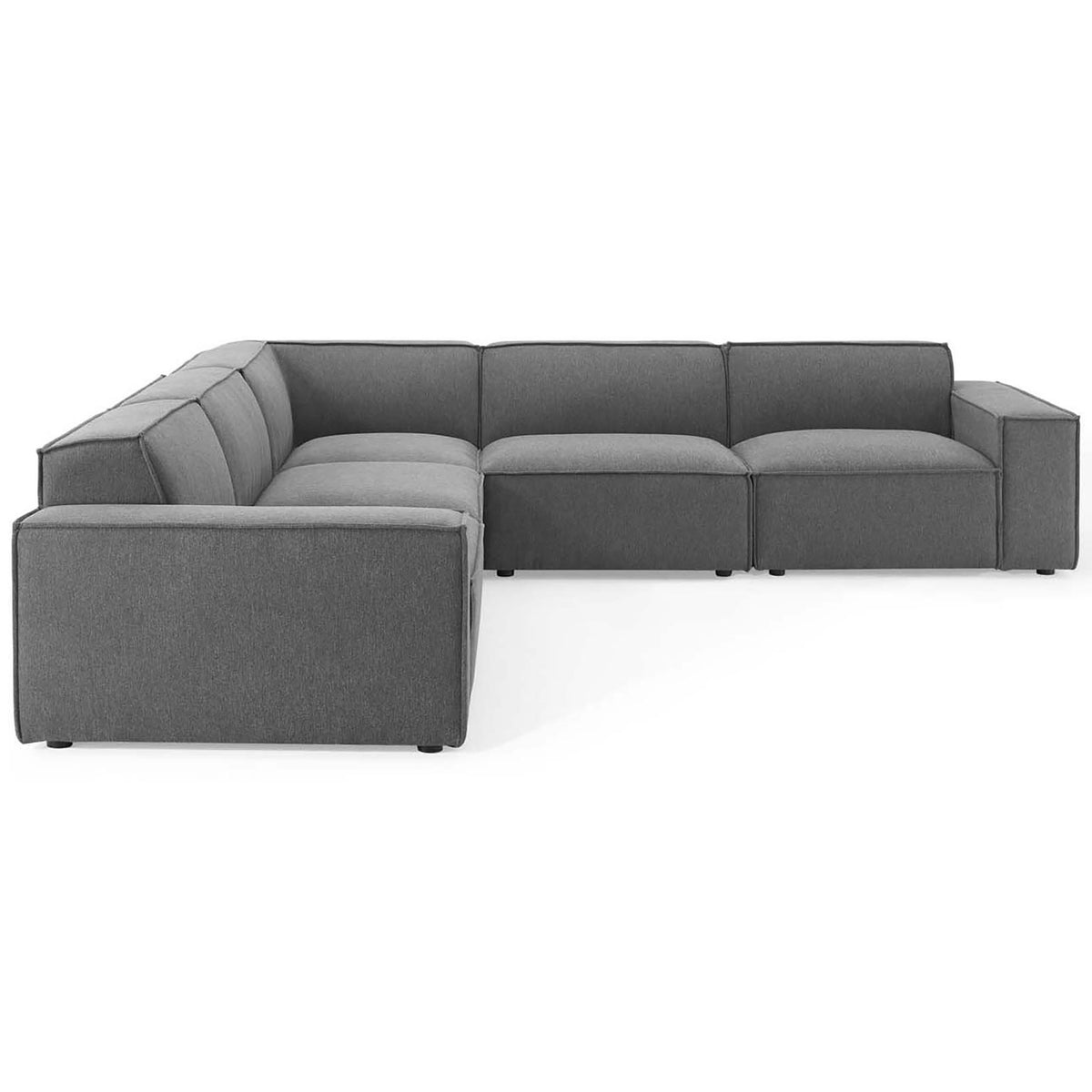 Charcoal modular sectional sofa emphasizing its long, low seating and modern blocky silhouette || EEI-4117-CHA || side_studio