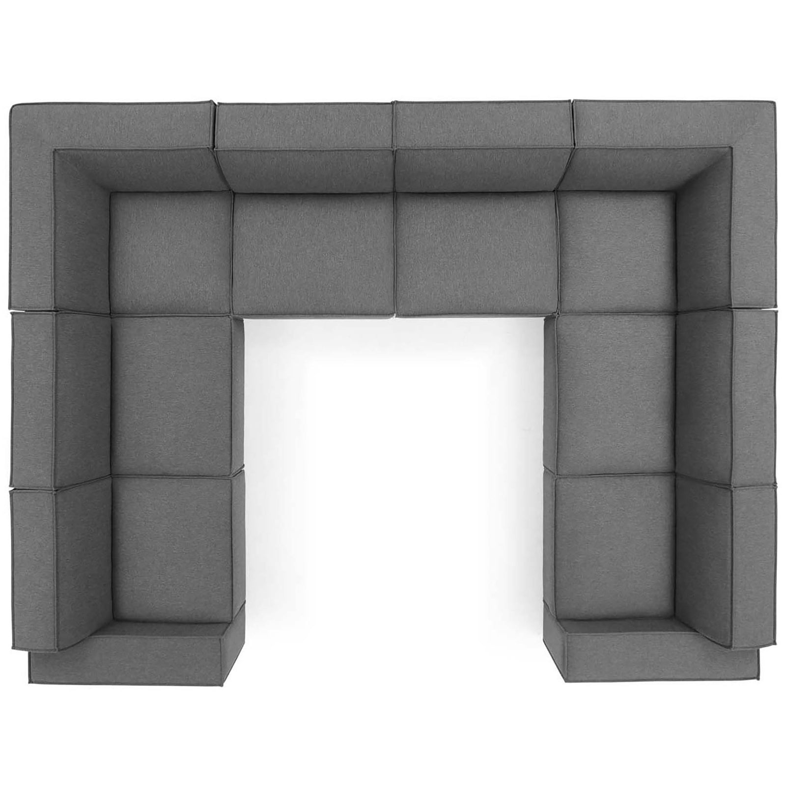 Low-profile charcoal modular sectional arranged in a generous open square for modern lounging || EEI-4121-CHA || top_studio