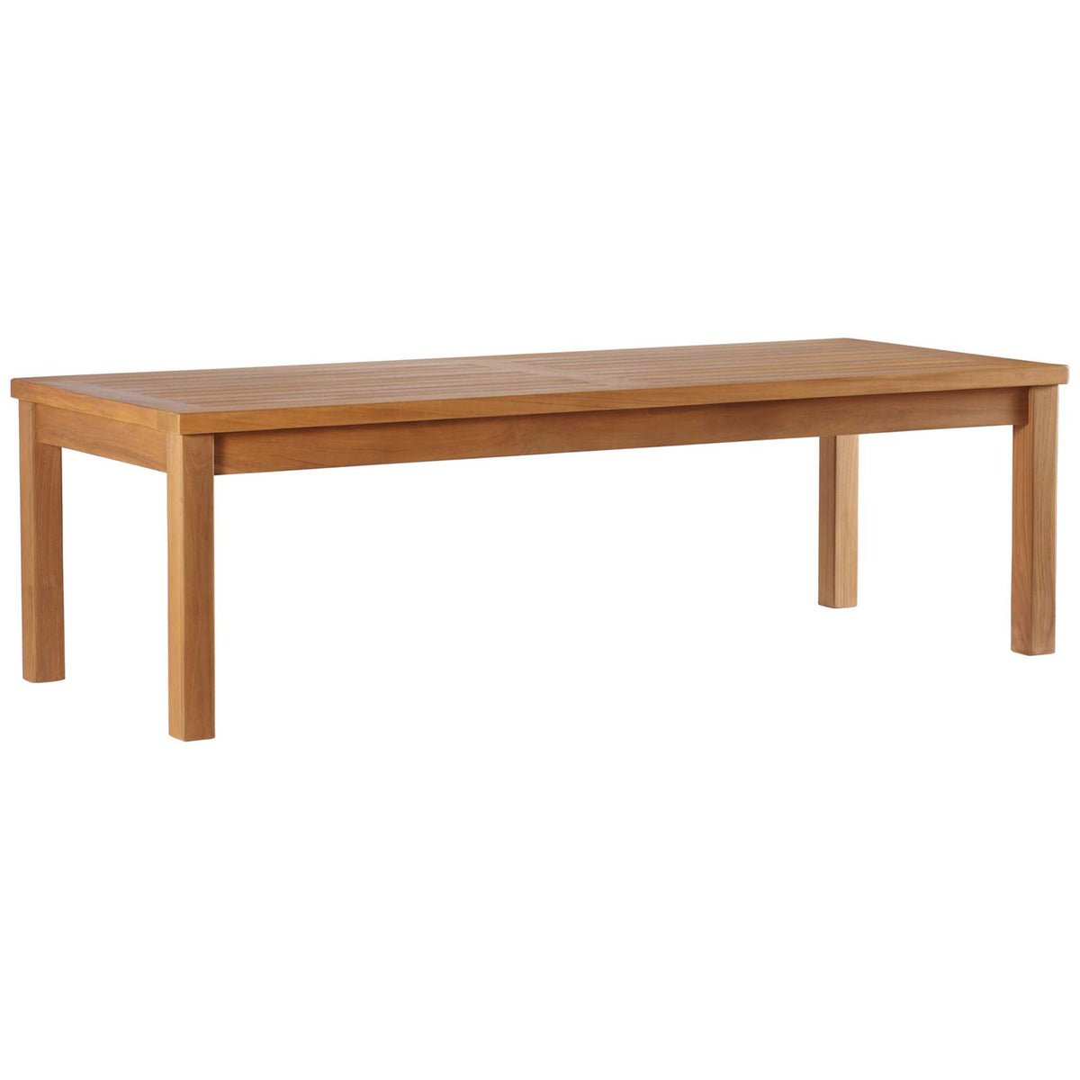 Rectangular teak coffee table showcasing its generous length and rich honey-toned grain for outdoor entertaining || EEI-4122-NAT || front_angle_studio
