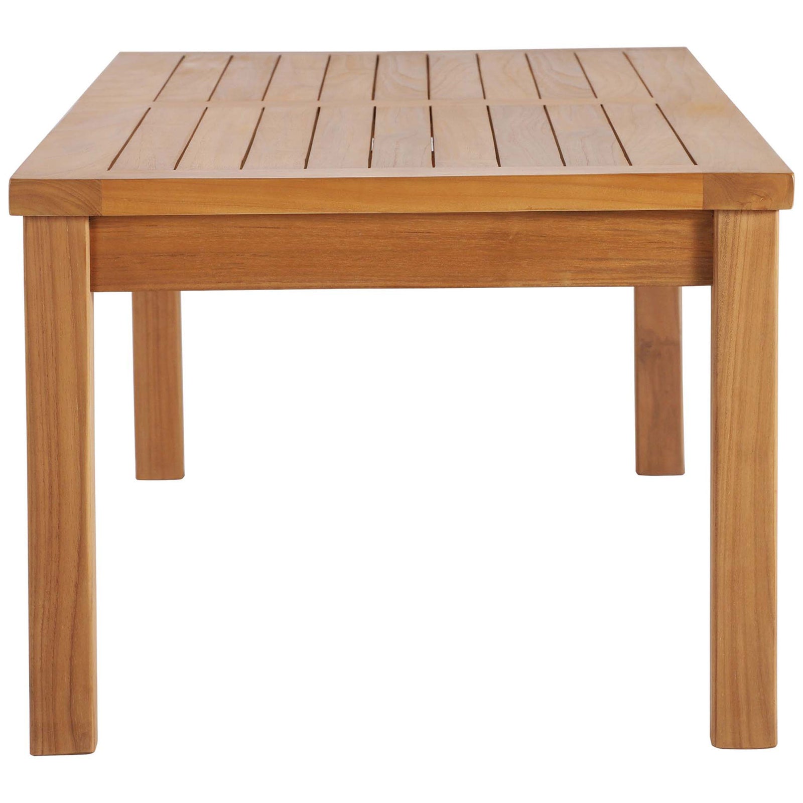 Sturdy square legs and apron give this teak coffee table a stable, timeless profile all around || EEI-4122-NAT || side_studio