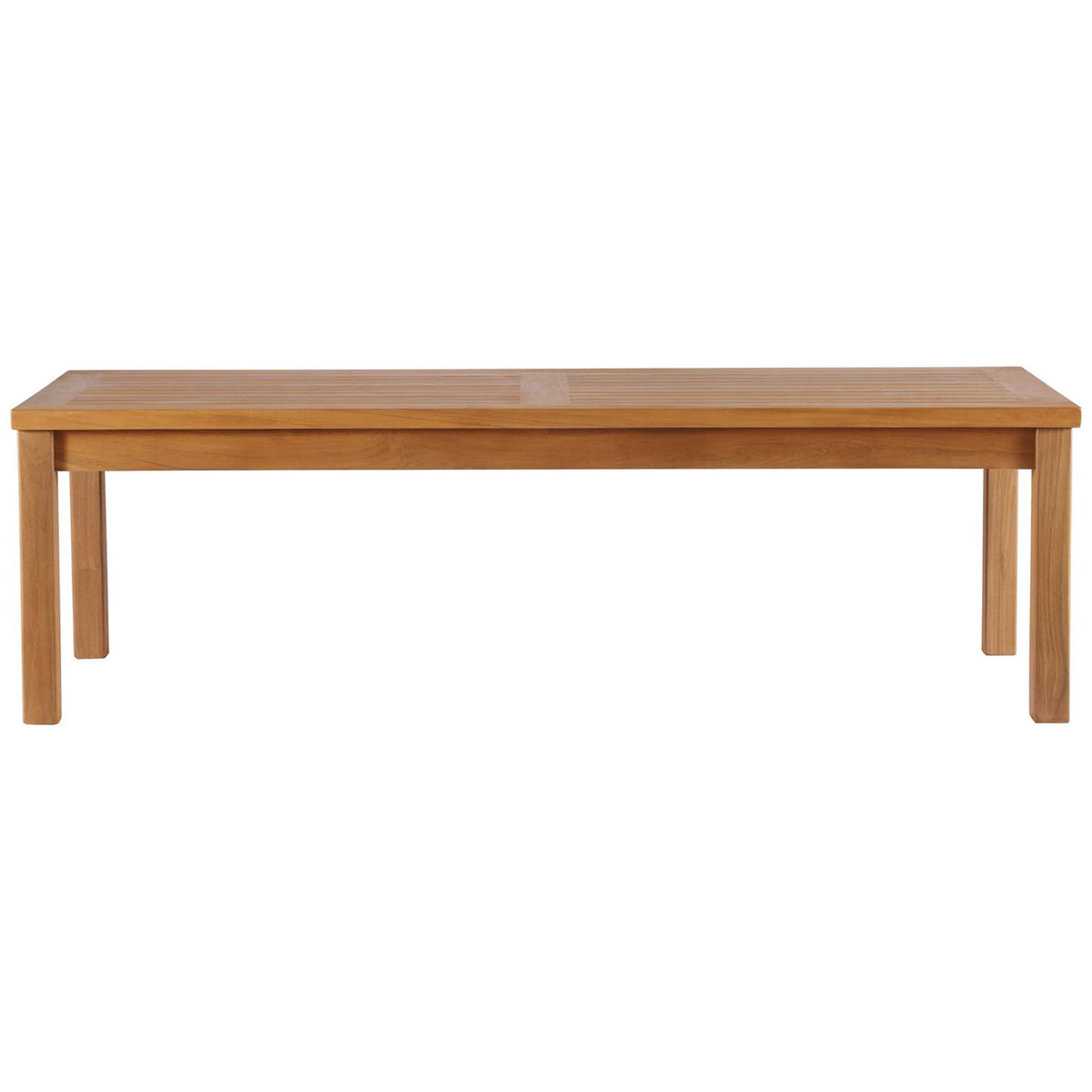 Long teak outdoor coffee table with slatted top and straight legs for streamlined patio lounging || EEI-4122-NAT || front_studio