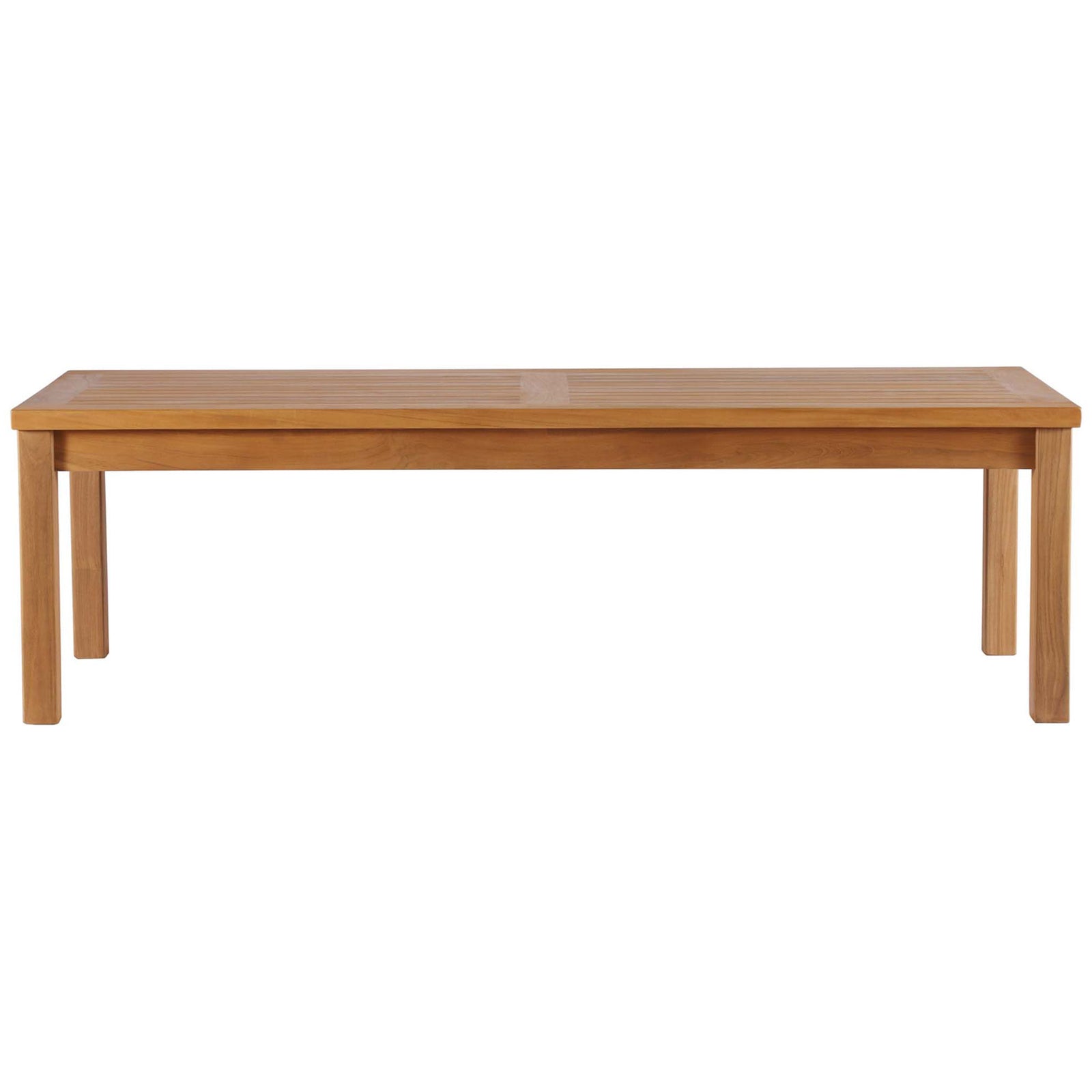 Long teak outdoor coffee table with slatted top and straight legs for streamlined patio lounging || EEI-4122-NAT || front_studio