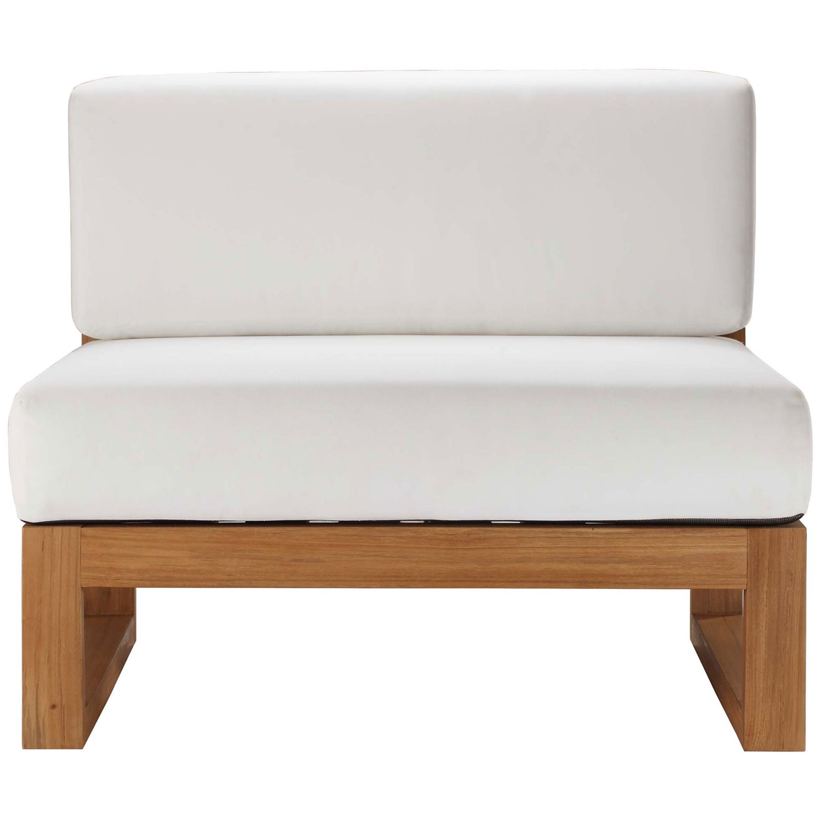 Modern teak armless chair with boxy lines and oversized white cushions for relaxed outdoor lounging || EEI-4125-NAT-WHI || front_studio