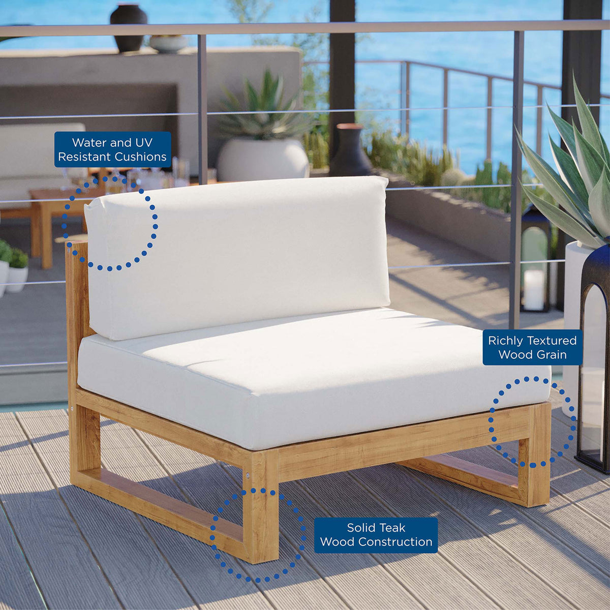 Teak armless chair styled on a coastal deck, emphasizing durable cushions and richly textured wood || EEI-4125-NAT-WHI || callout_room