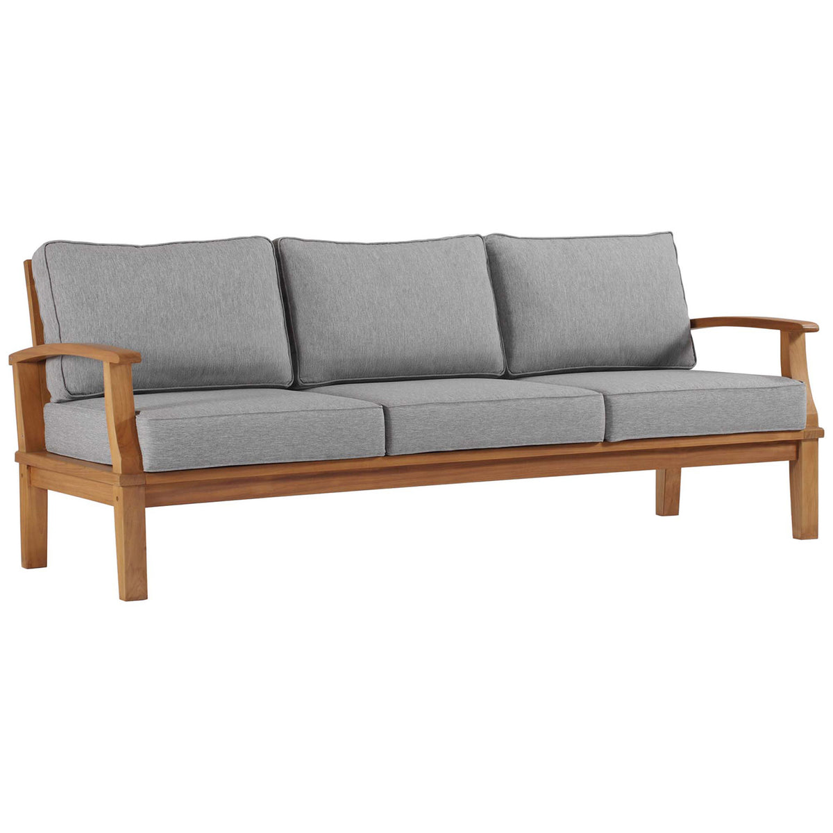 Spacious three-seat teak sofa with soft gray cushions and gently curved open arms || EEI-4176-NAT-GRY || front_angle_studio