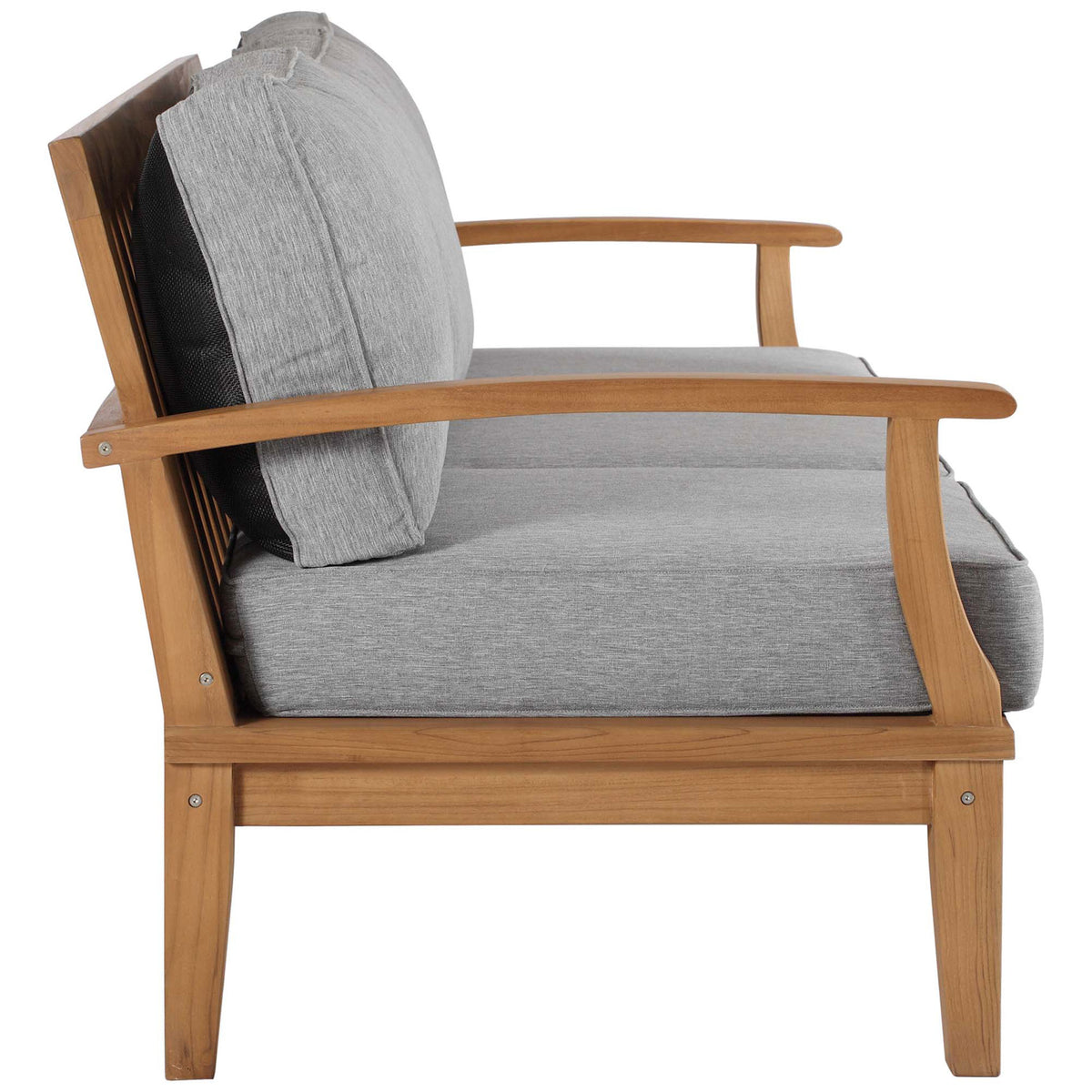 Slim teak frame and thick gray cushions create a modern profile for this outdoor sofa || EEI-4176-NAT-GRY || side_studio